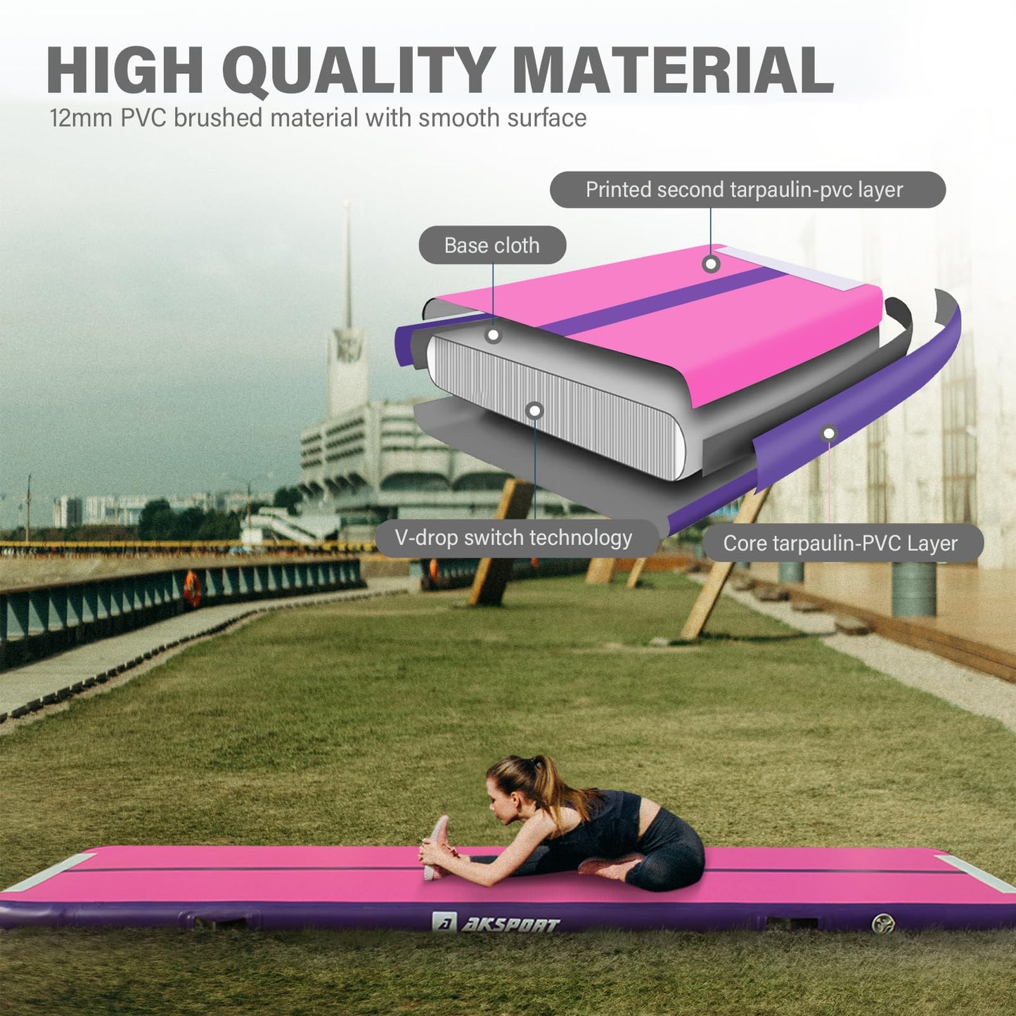 AKSPORT Air Mat Tumble Track Gymnastics Inflatable Tumbling Mats With Electric Air Pump for Home Use/Tumble/Gym/Training/Cheerleading/Parkour/Beach/Park/Water 10/13/16/20/23/26/29/33ft (Fuchsia, 20ft)