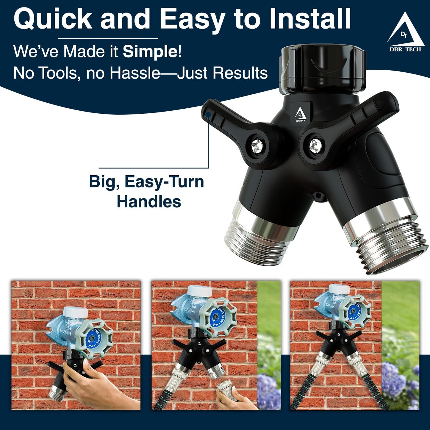 DBR Tech® Garden Hose Splitter 2 Way Heavy Duty | Faucet Adapter with Long Handle, Outdoor Water Spigot Hose Bib Y Wye Splitter, Dual Outlet Shut Off Valve Hose Connector, Leak Free