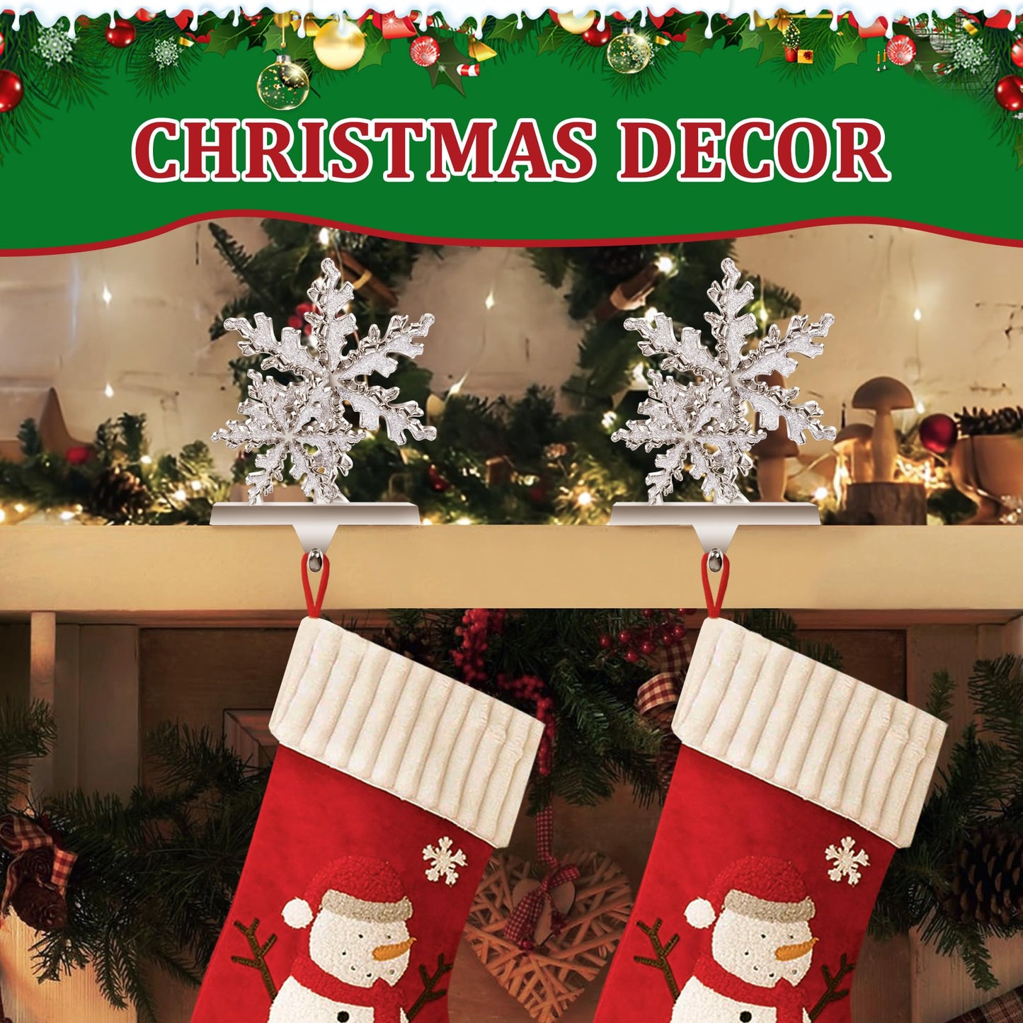 Loncaster Stocking Holders for Mantle Set of 2, Snowflakes Christmas 3D Stocking Hangers for Mantel with Shiny Metal & Glitter, Christmas Stocking Holder for Fireplace, Shelf, Tabletop (Sliver)