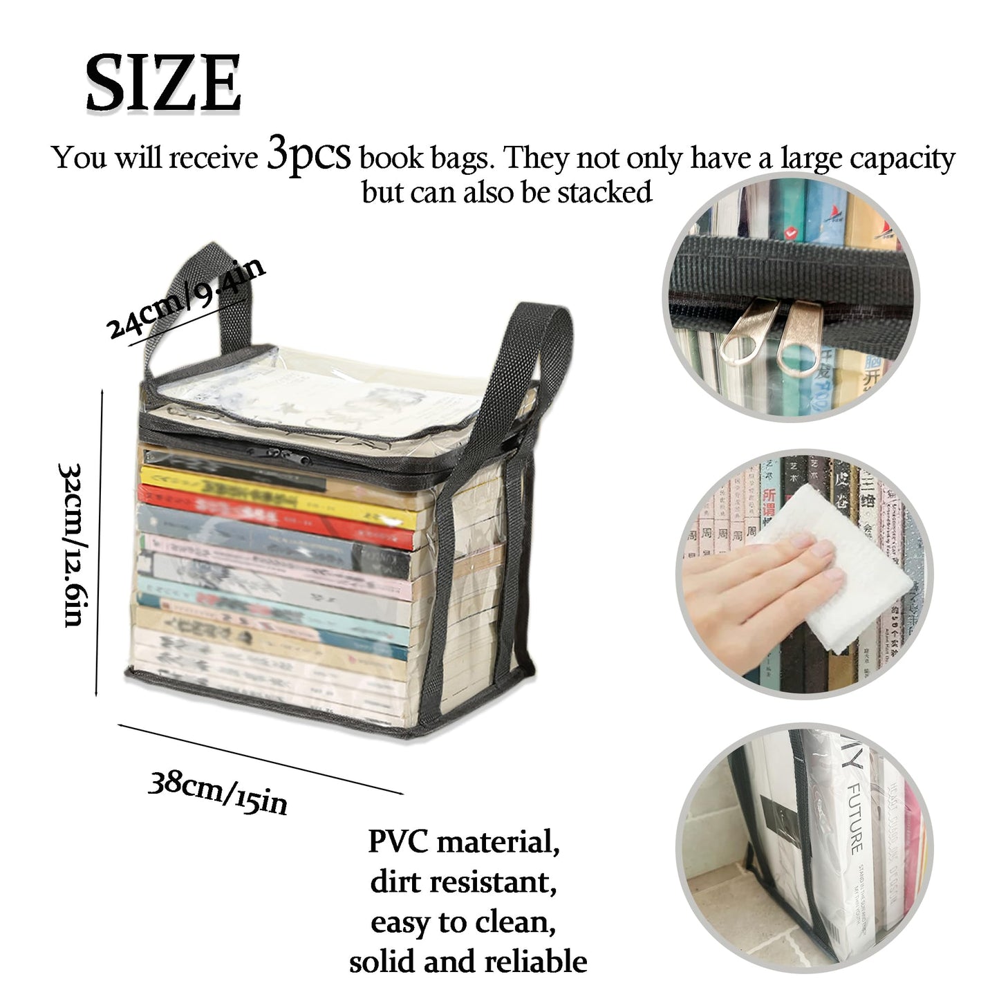 3PCS Clear Book Storage Bag - Plastic Comic Books Organizer Book Carrier with Lid and Lifting Handle Collapsible Display Case for Books Toys 38x24x32cm/15x9x3inches
