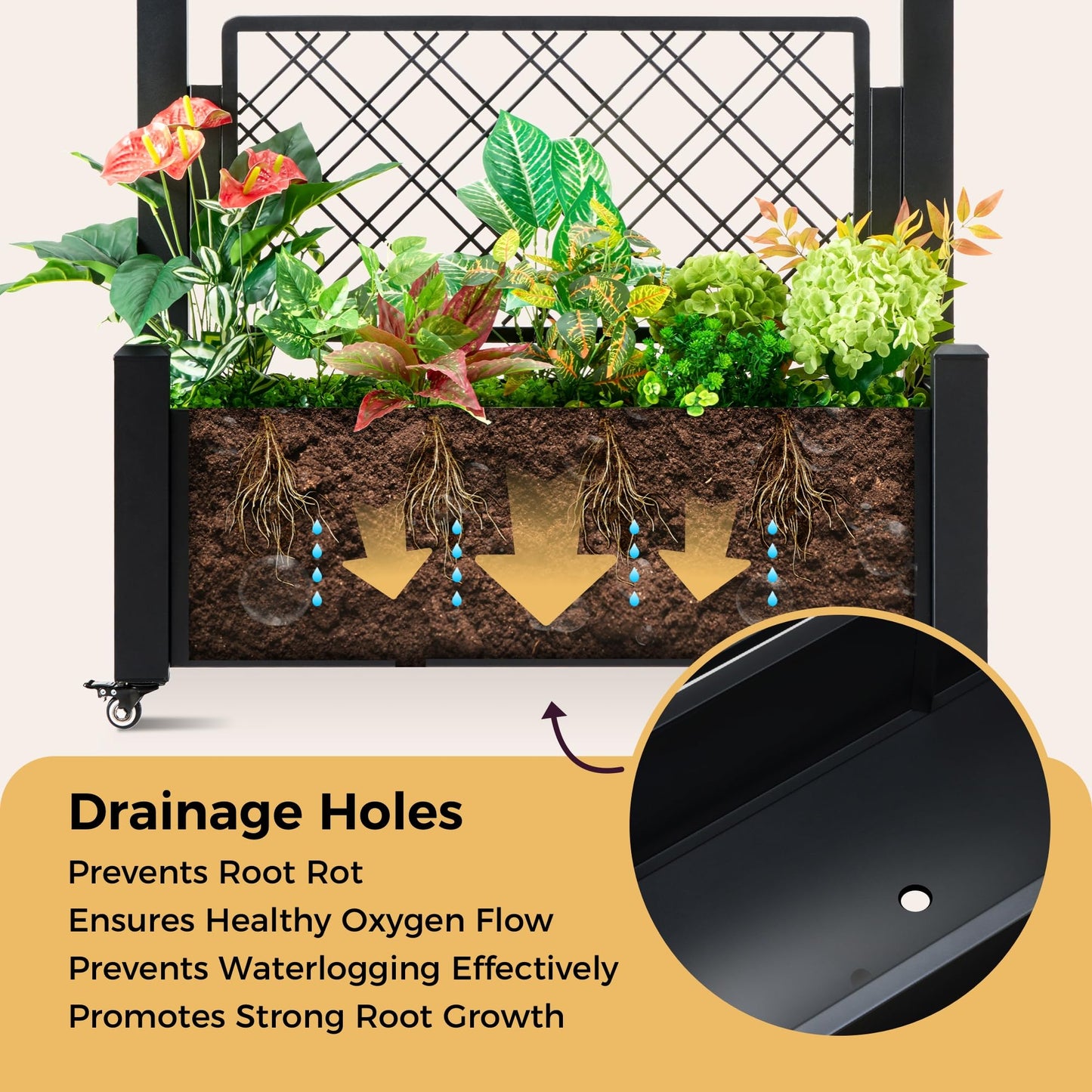 Foresland Metal Raised Garden Bed with Trellis, 50Hx38Wx14D Inch Compact Planter Box for Climbing Plants, Patio Balcony Garden, Privacy Screen with Wheels and Drainage Holes, Black