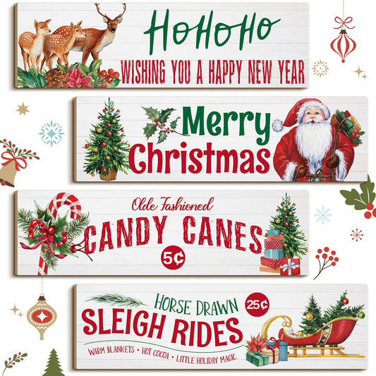 4 Pieces Vintage Christmas Wood Hanging Sign, Merry Christmas Wall Sign, Xmas Retro Winter Decorative Rustic Wooden Door Sign Hanging Plaque Ornament for Indoor Outdoor Holiday Classroom Home Decor