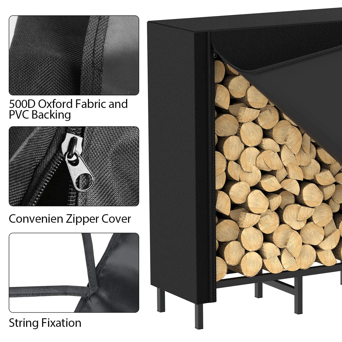 CADUKE Firewood Rack Outdoor with Cover 5.3ft Firewood Log Rack for Fireplace Wood Storage Fire Log Holder Indoors Adjustable Heavy Duty Fire Wood Rack Stand, Black Waterproof Oxford Fabric