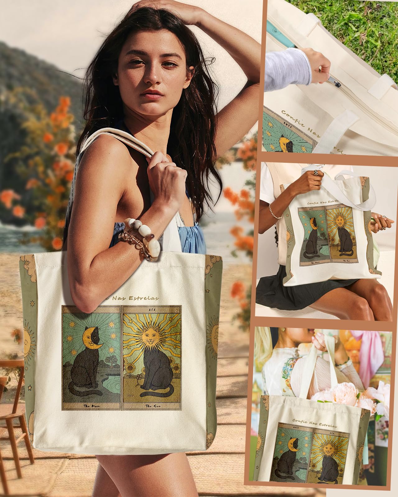 Miss Adola Large Canvas Tote Bag for Women - with Zipper and Inner Pocket Aesthetic Cute Shoulder Bag Reusable Grocery Shopping Bags Cotton Tote Bag for Gym Daily Travel, Sun Moon Cats