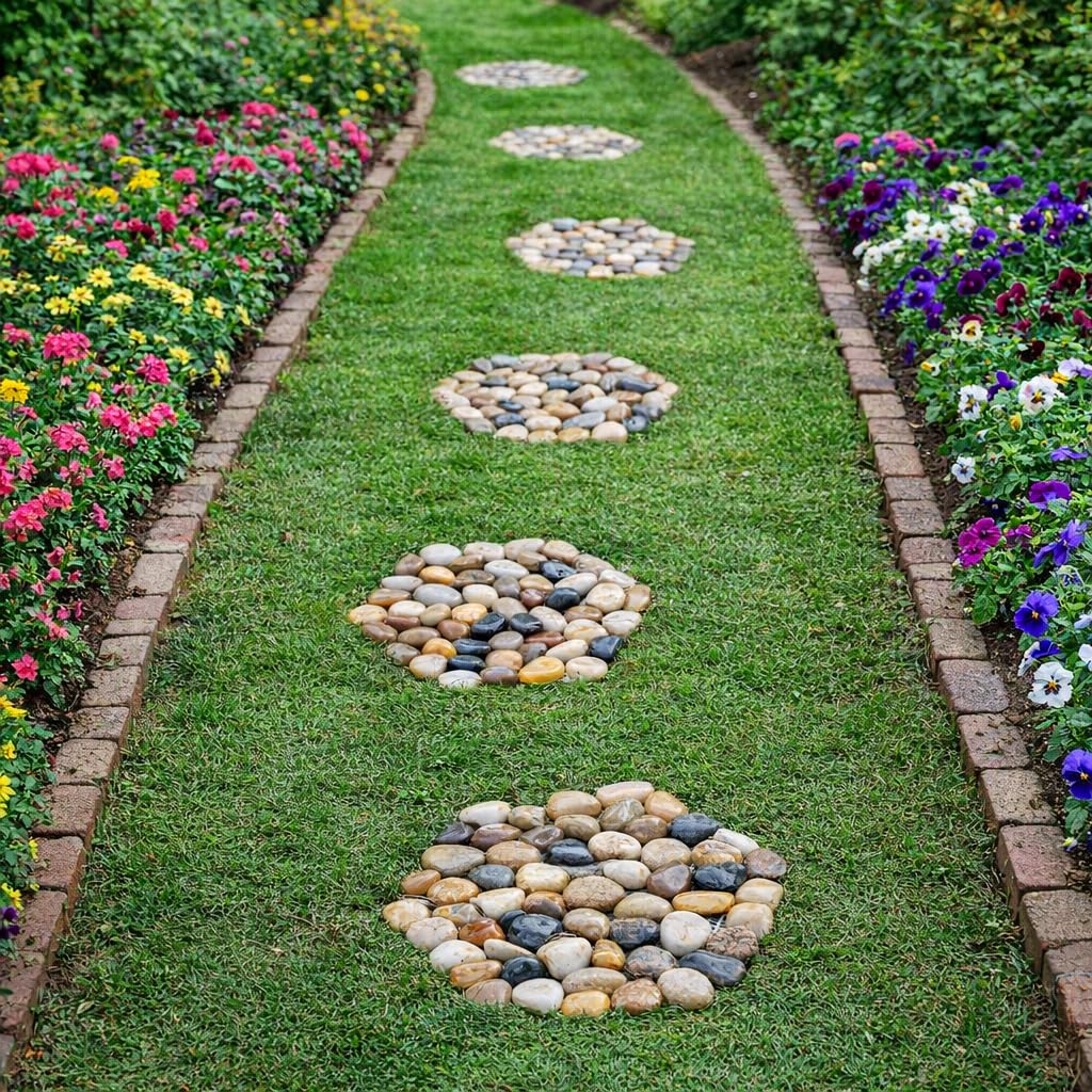 6 PCS Natural River Rock Stepping Stones for Garden Walkway - 9.5'' Hexagon Pebble Mats with Non-Slip Mesh Backing - Decorative Outdoor Stone Pavers for Patio, Lawn, Backyard Path & Landscaping Decor