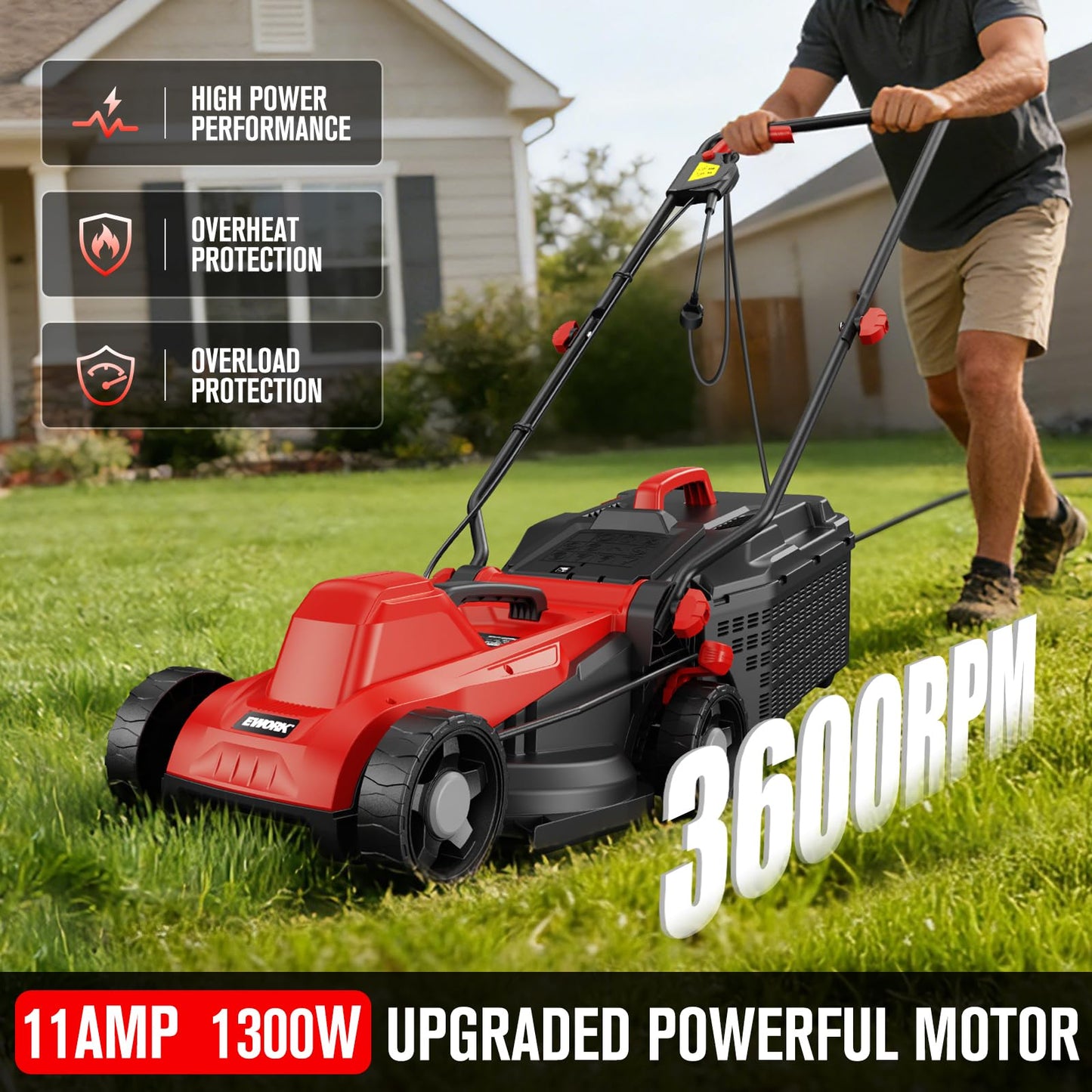 EWORK Corded Electric Lawn Mower 14-Inch, 11Amp Electric Push Mower with 30L Collection Bag, 4-Height Adjustment, Lightweight Lawnmower for Garden, Yard
