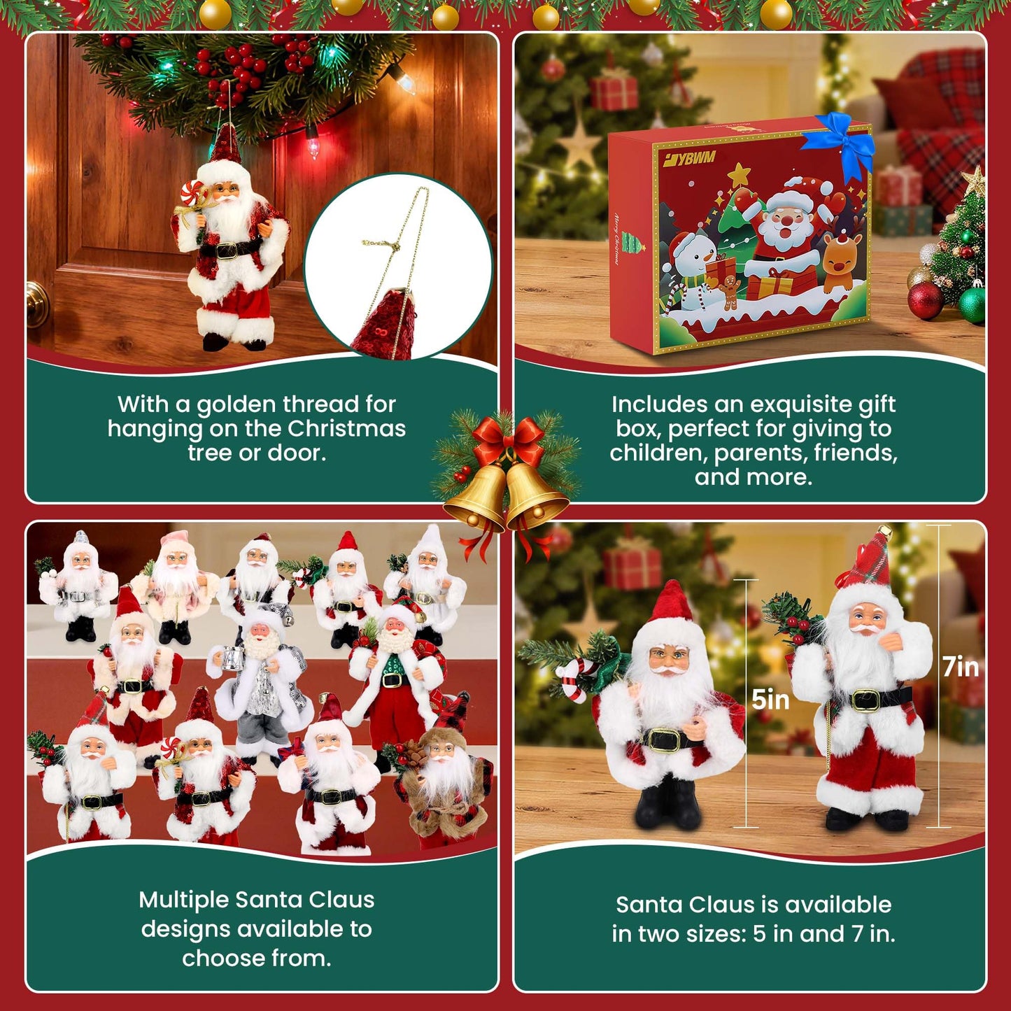 YBWM Santa Claus Figurines, Standing Santa Claus Decorations, Suitable for Christmas Trees, Fireplaces, Tabletop Decor, Window Display,3P
