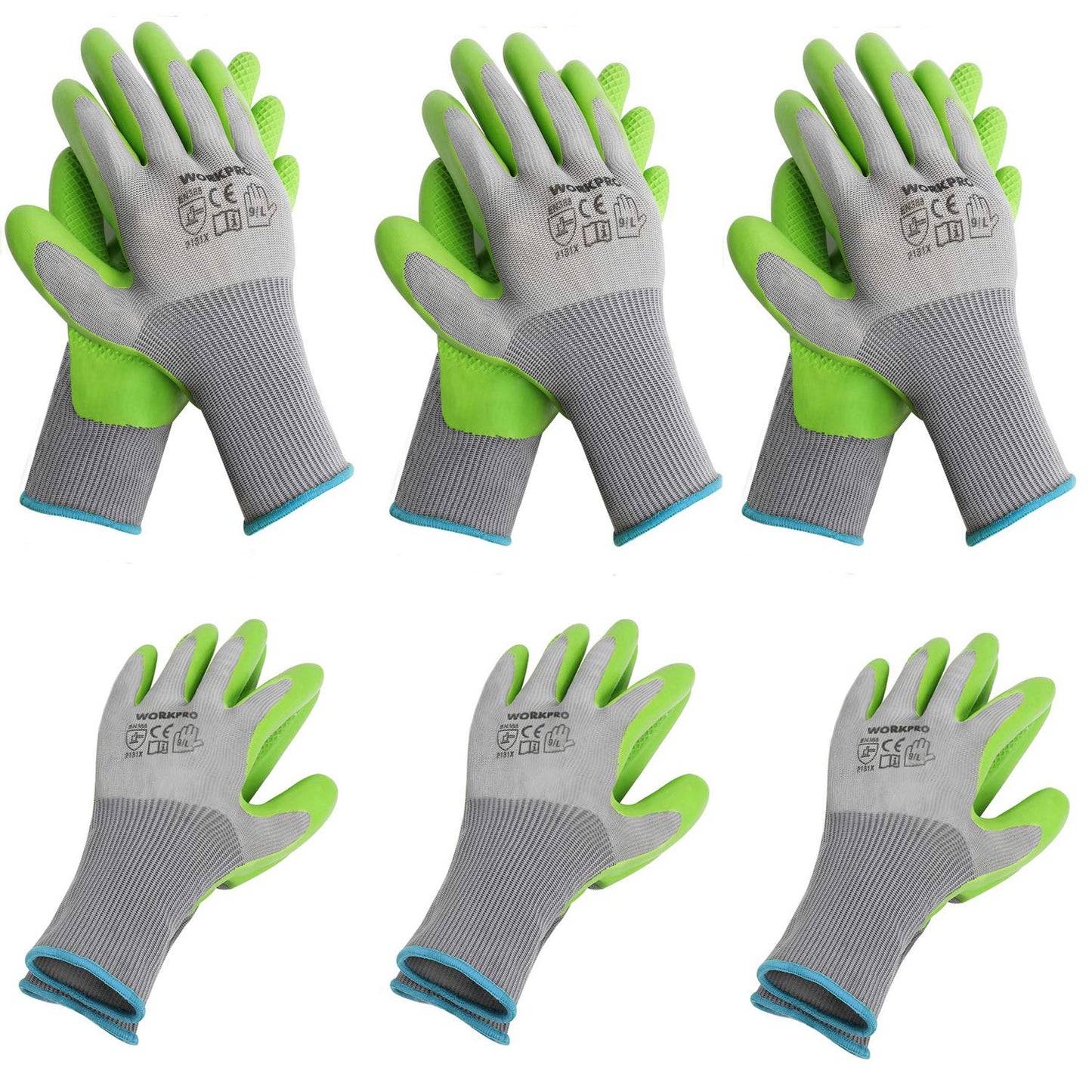 WORKPRO 6 Pairs Garden Gloves, Work Glove with Eco Latex Palm Coated, Gardening Glove, Working Gloves for Weeding, Digging, Raking, and Pruning (Large)