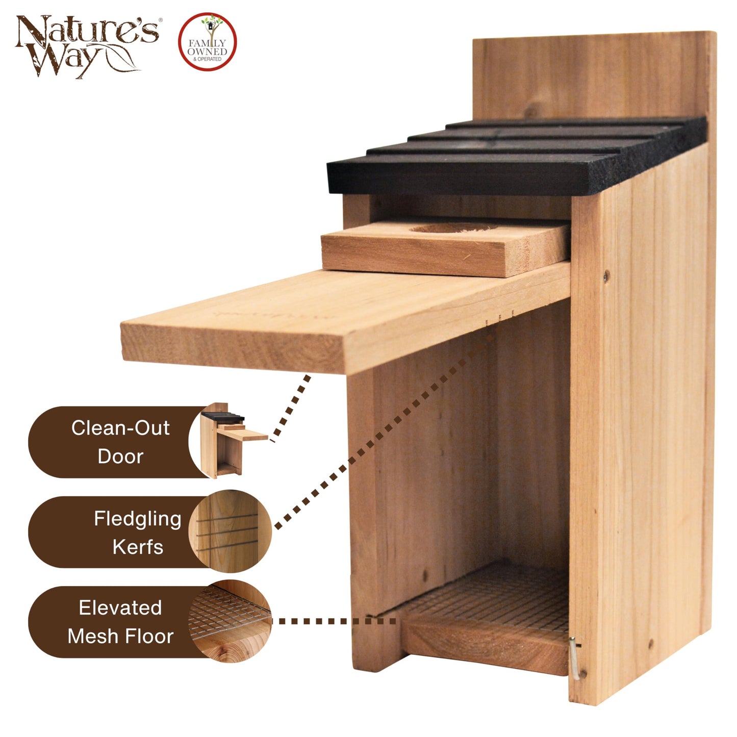 Nature’s Way Cedar Bluebird & Cavity Nesting House, Predator Guard, Ventilated Design & Easy Access Clean-Out Panel, Natural Wood