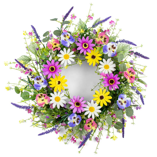 Yawwind 22 Inches Summer Wreaths for Front Door Farmhouse Summer Door Wreath Colorful Spring Floral Wreath with Wildflower Pansy Orchid for Window Porches Indoor Decoration