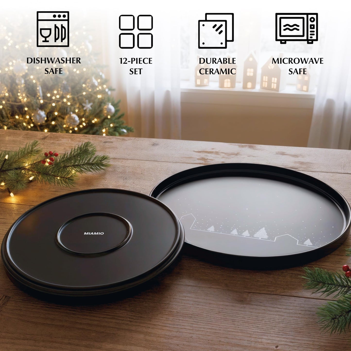 MIAMIO – Christmas Dinnerware Set 12-Piece/Christmas Plates Set with Mugs in minimalist holiday design (Service for 4) / Dishwasher and Microwave Safe – Vinter Collection