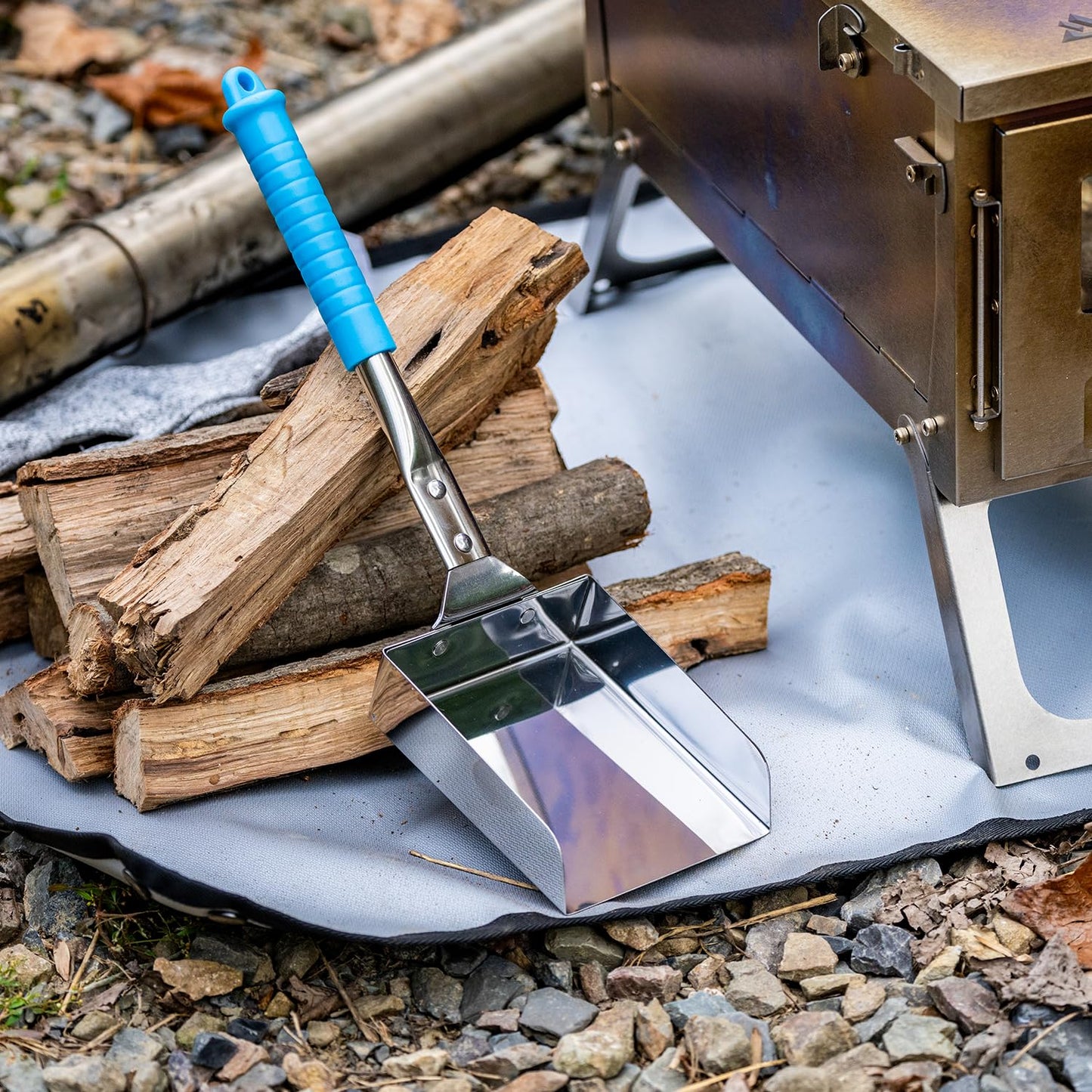 Ash Shovel for Wood Stove & Fireplace – 14.6" Rust-Resistant Ash Shovel with Blue Handle, Stainless Steel Scoop & Hanging Hook for Fire Pit, BBQ, Campfire