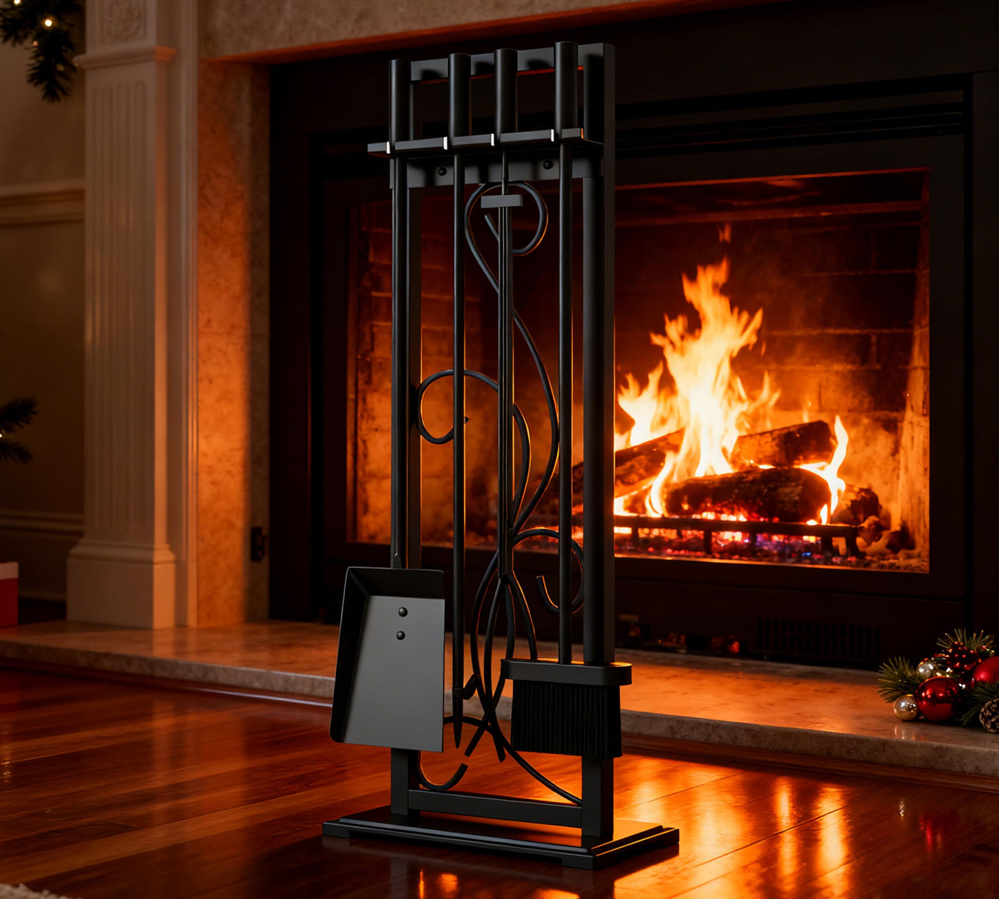 Kingson 5-Piece Heavy Duty Wrought Iron Fireplace Tool Set - Durable Indoor & Outdoor Fireplace Accessories with Decorative Black Finish - Stylish and Functional Hearth Décor for Fireplaces