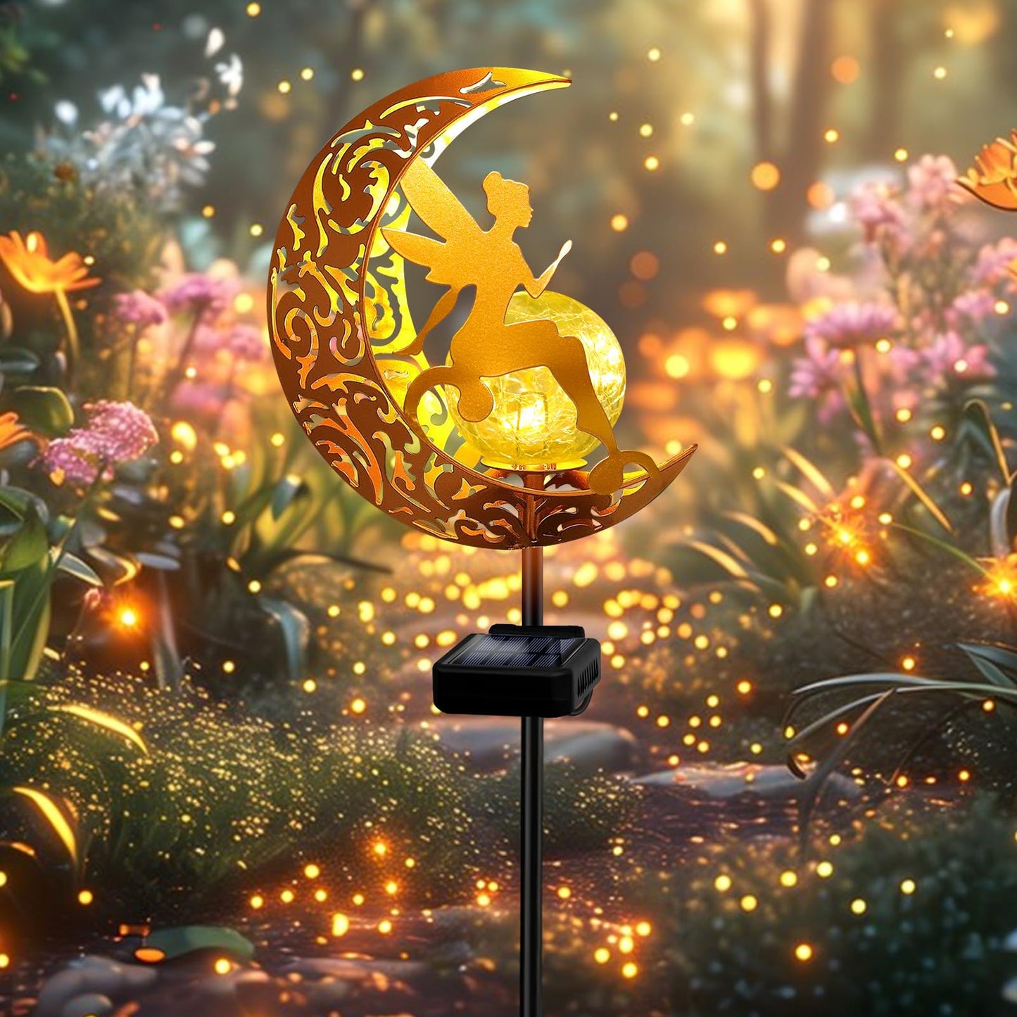 Solar Garden Lights Pathway Stake Lights Waterproof, Gift for Women Mom Grandma Wife Daughter, Moon Fairy Glass Globe with Angel Decor, Outdoor Decor Lights for Walkway, Yard, Lawn, Patio or Courtyard