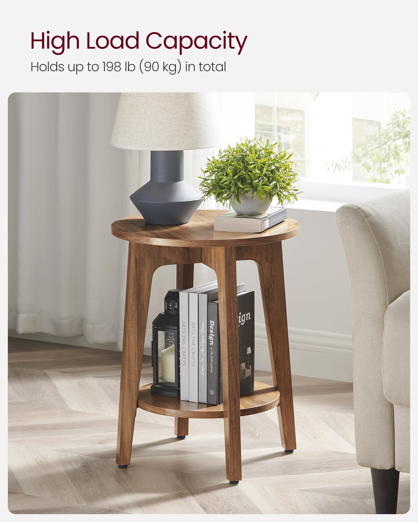VASAGLE MAEZO Collection - Side Table, 2-Tier Small Round End Table, Nightstand with Tapered Legs, Curved Transitions, for Small Spaces, Living Room, Bedroom, Honey Brown ULET283T41