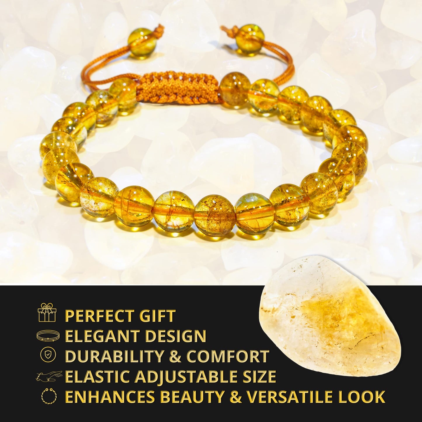 ANAYA AGATE Healing Crystal Bracelet – Chic Gemstone Bracelet for Men and Women – 8mm Round Bead Bracelets for Spiritual Healing, Protection, Positive Energy - Citrine Heated