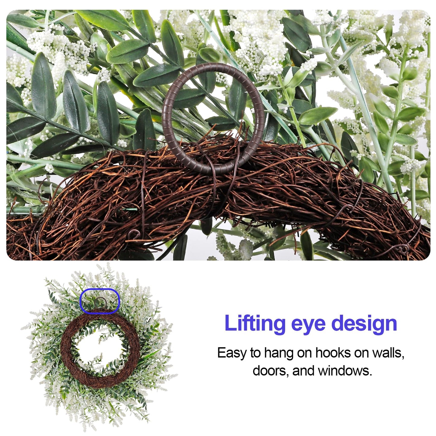 26'' Large Lavender & Eucalyptus Wreath for Front Door - Artificial Eucalyptus Leaves Greenery Outdoor Wreath for Wedding Farmhouse Porch Wall Room Home Decor (White)