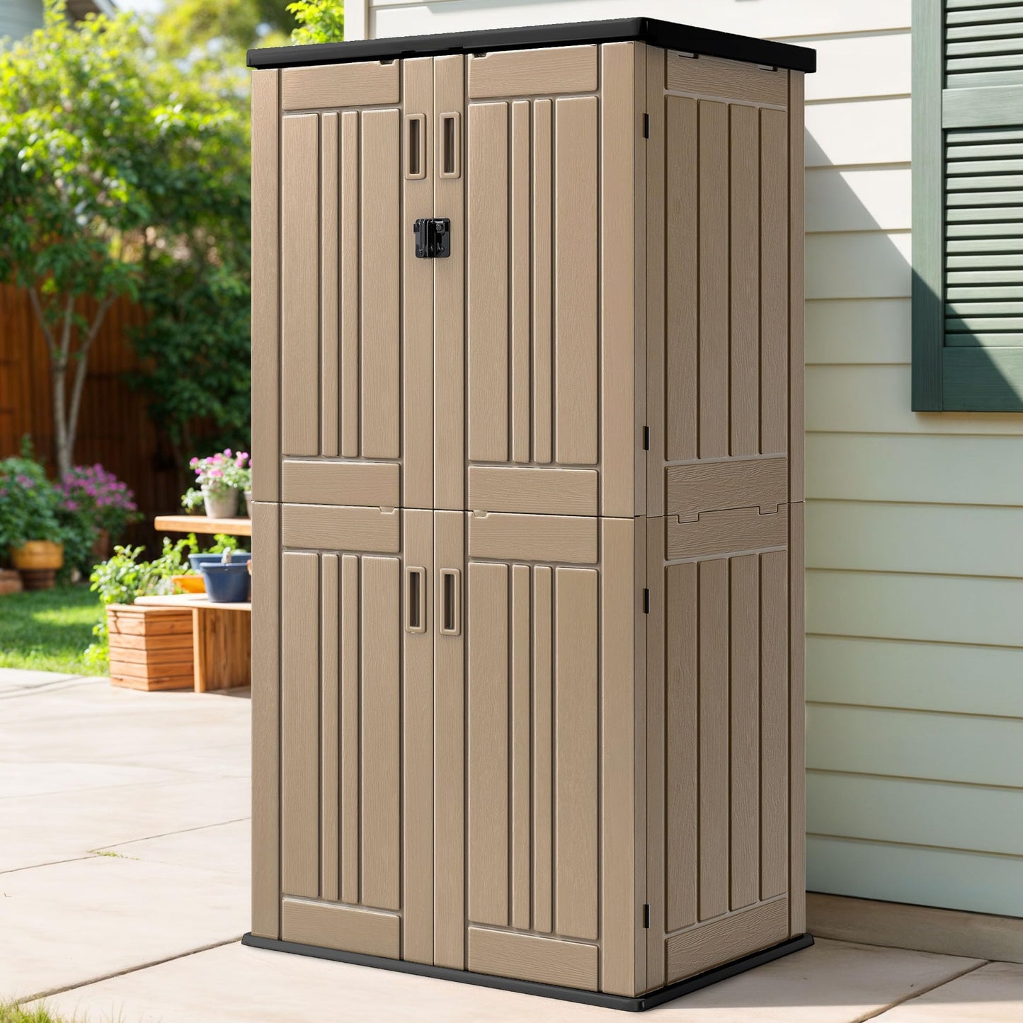 DWVO Outdoor Vertical Storage Shed with 4 Shelves, Waterproof Tall Plastic Storage Shed with 4 Adjustable Shelf, 30 cu. ft. Patio Tools Storage for Patio, Garden, Backyard, Deck, Brown