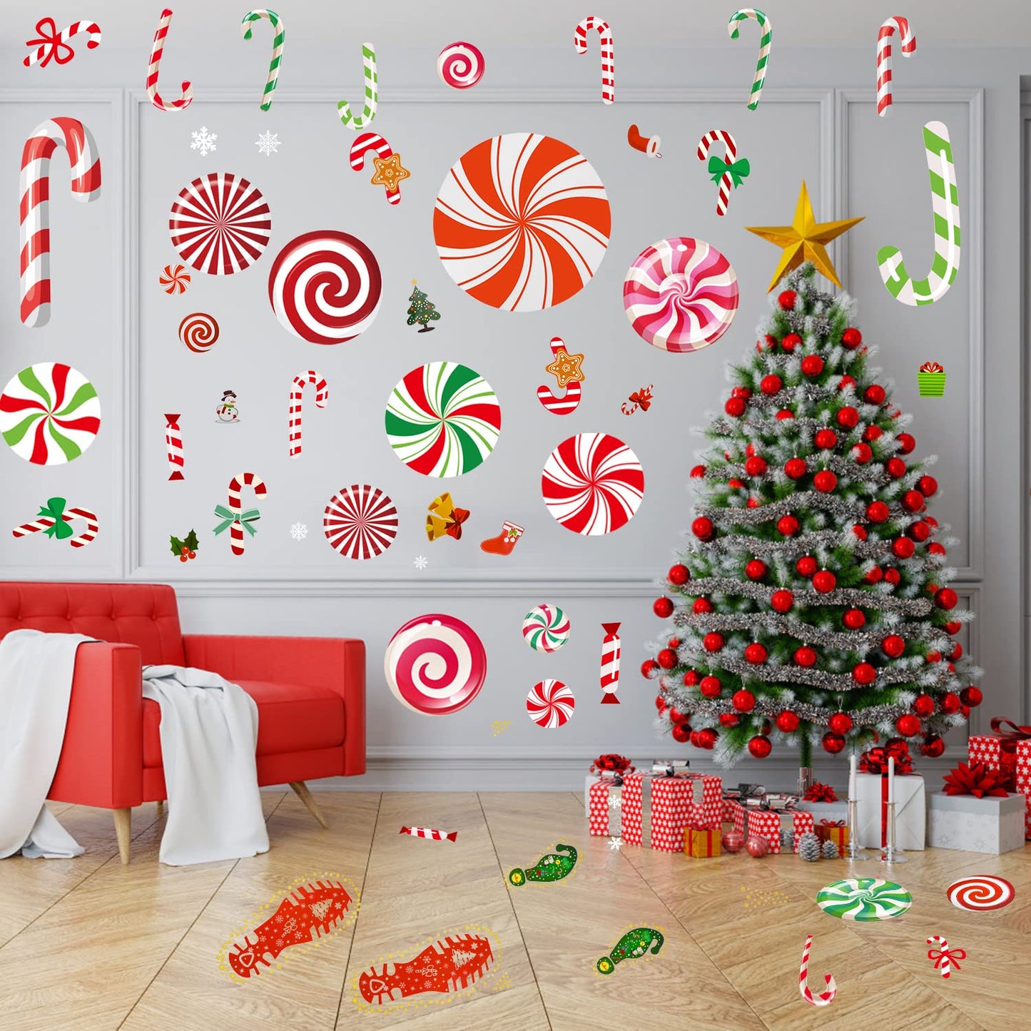 83 Pcs Peppermint Floor Decals Stickers Set Self Adhesive Candy Cane Stickers for Christmas Candy Party Decoration