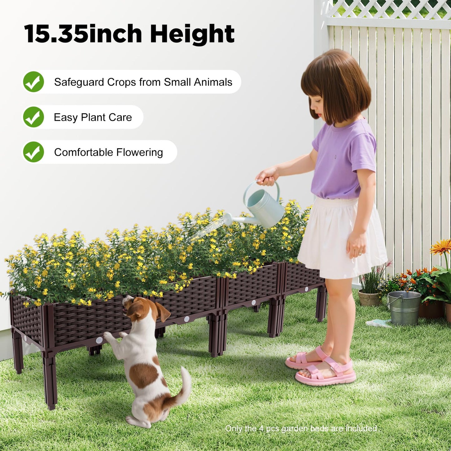 Gdrasuya10 Set of 4 Raised Garden Bed for Outdoor Plant, Elevated Planter Boxes Stand with Legs, Herb Flowers Vegetables Plastic Planter Box for Patio Yard Balcony, 15.3", Brown