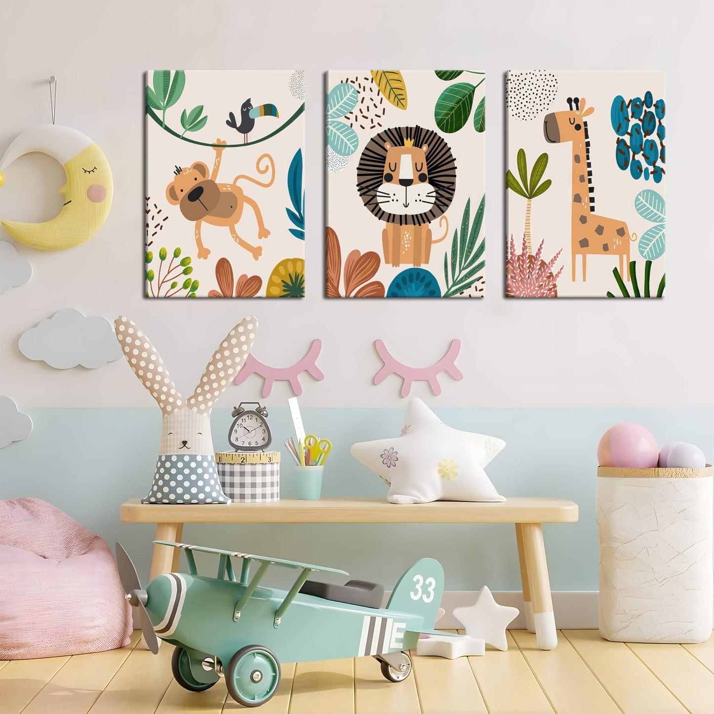 AKWISH Safari Jungle Nursery Wall Decor Set of 3 - Framed Animal Canvas Wall Art for Baby Room, Toddler Boy or Girl Bedroom, Cute Safari Themed Baby Nursery Decor 12x16in