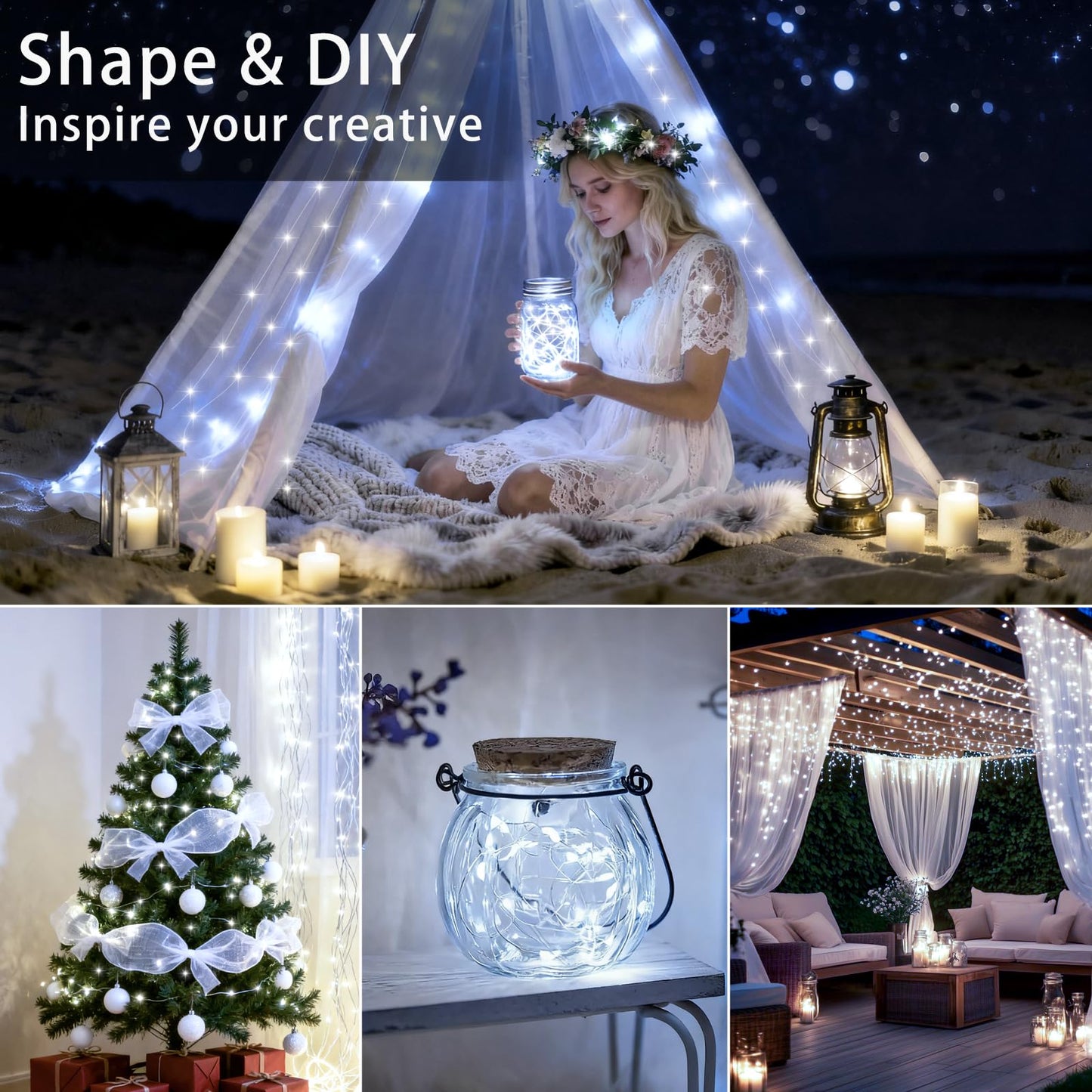 VOOKRY 32 Pcs Fairy Lights Battery Operated String Lights - 10 ft 30 LEDs Waterproof Silver Wire Mini Firefly Starry Moon Lights for DIY Crafts Wedding Party Table Centerpieces Christmas(Cool White)