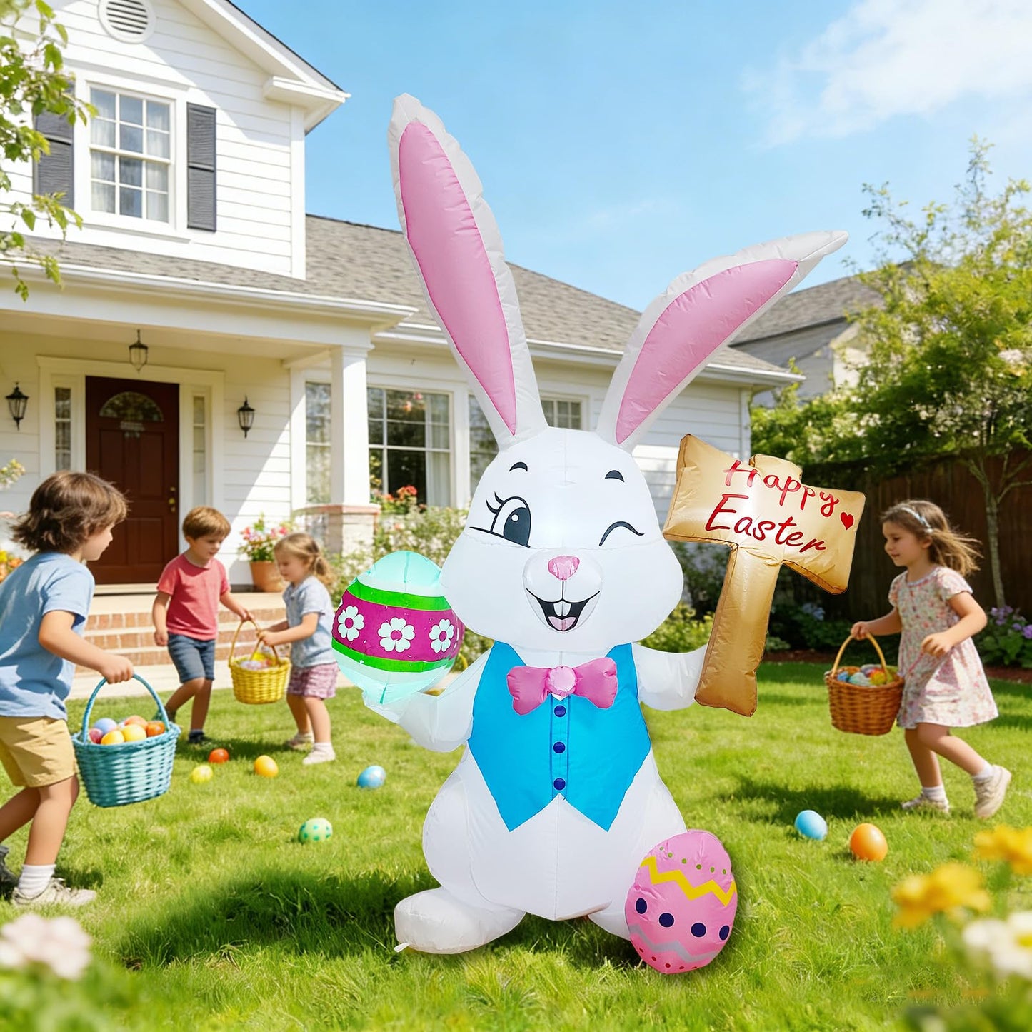 5FT Easter Inflatables Outdoor Decorations，Inflatable Bunny with Easter Eggs, Blow-up Yard Decor for Indoor/Outdoor Garden Lawn & Holiday Party (Rabbit Raise The Sign)