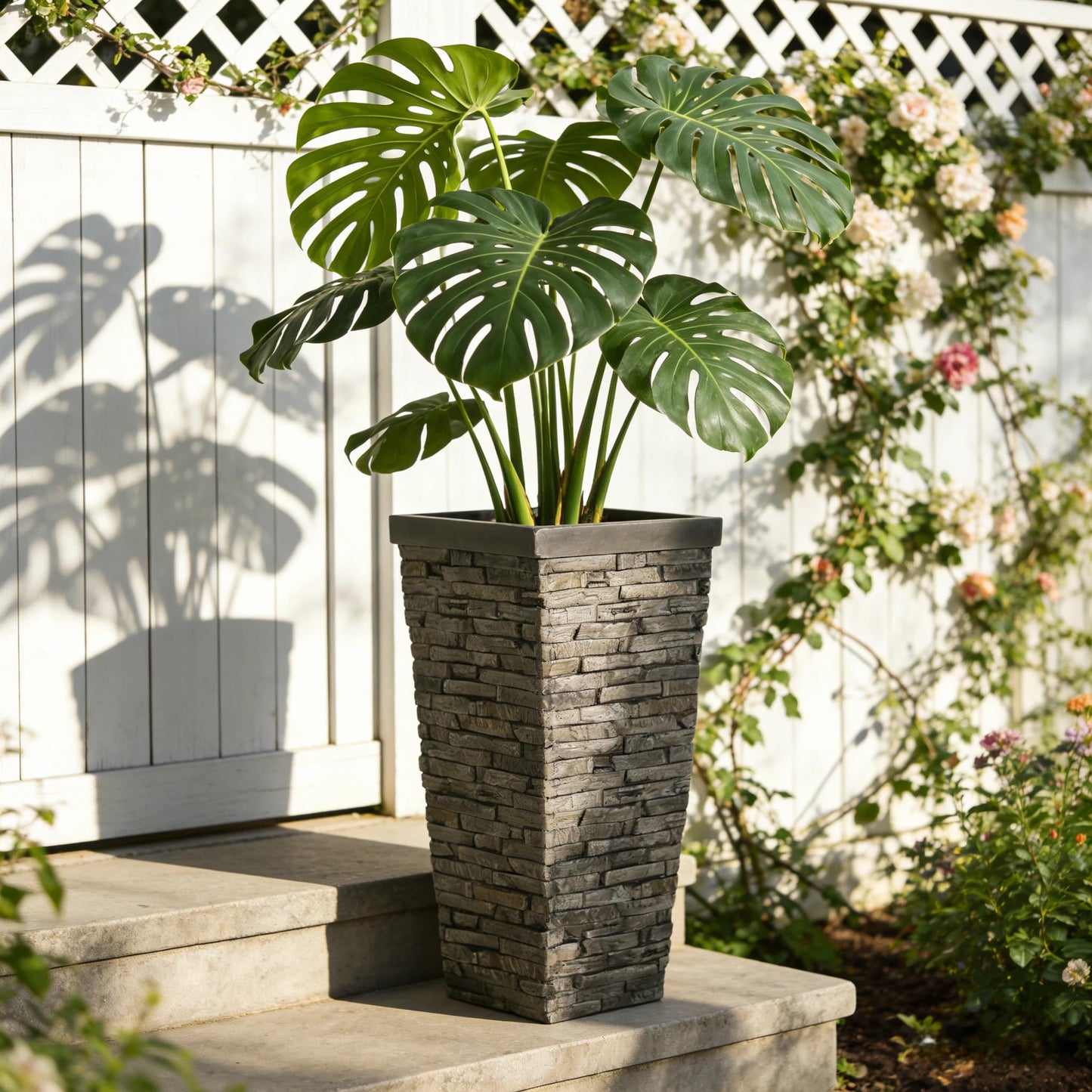 Merax Tall Planter 30 Inch, Outdoor Indoor Square Planter, MGO Stone-Effect Brick Texture, Weather-Resistant Planter with Drainage Hole for Trees, Shrubs, Large Plants, Grey