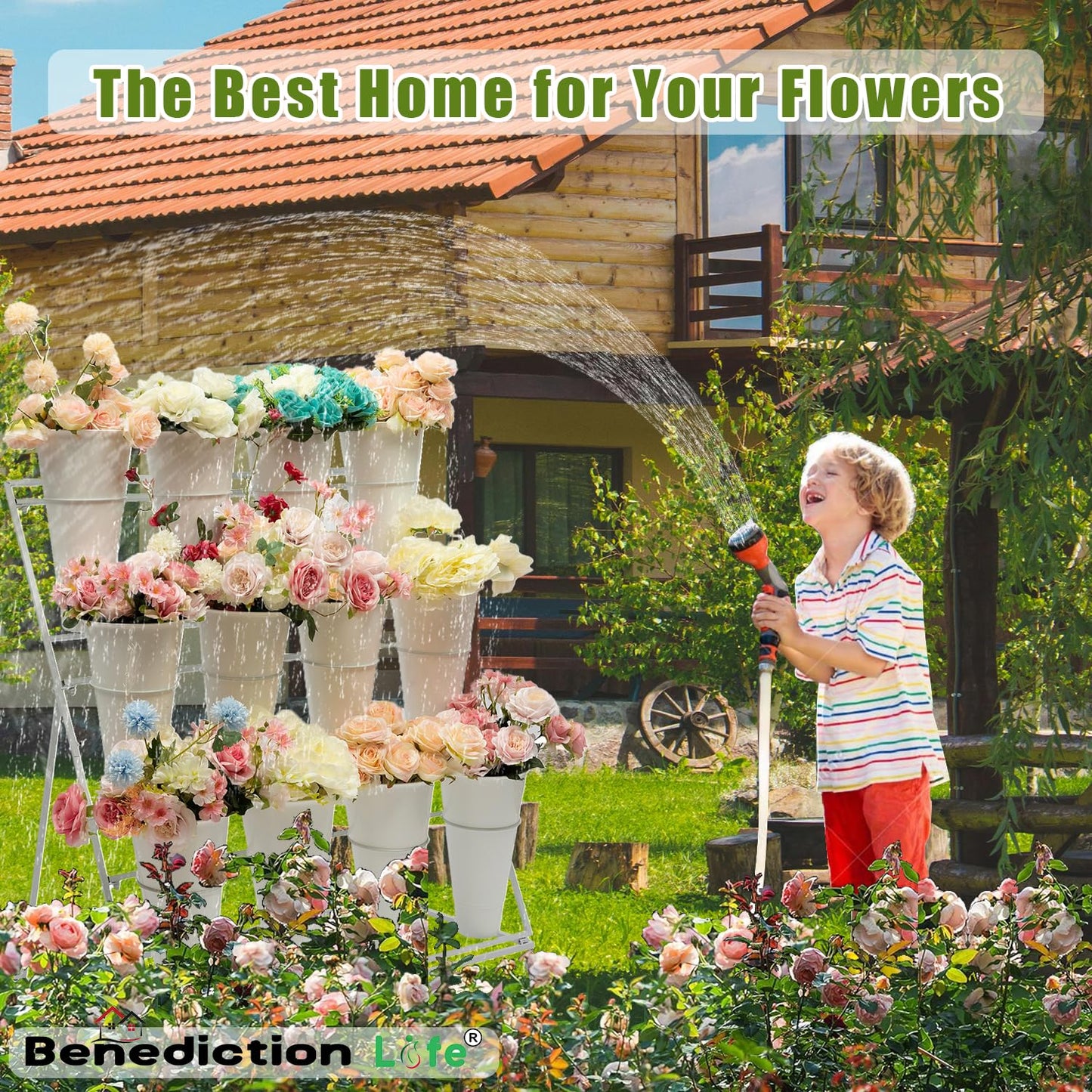 Benediction Life Flower Display Stand With Wheels,3 Layers Plant Cart with 12PCS Buckets,Heavy Duty Moving Flower Rack for Indoor, Outdoor Patio Garden, Living Room, Florist, Delivered in Two Packages