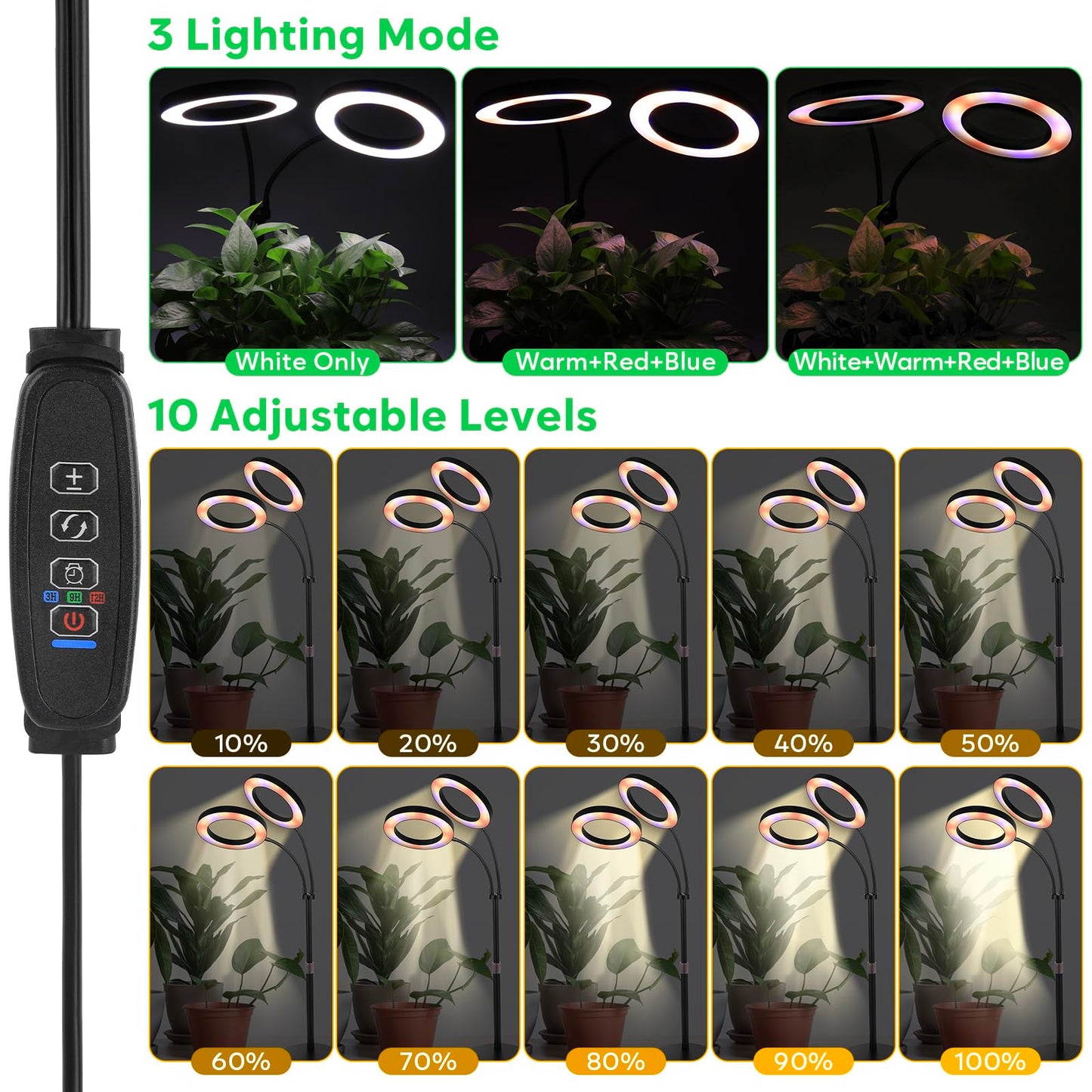 canvage Dual-Head Grow Lights for Indoor Plants, LED Full Spectrum Plant Lamp with Timer 3/9/12H, 10 Dimmable Levels, Flexible Gooseneck, Height Adjustable 14"-23" for House Plants & Seedlings