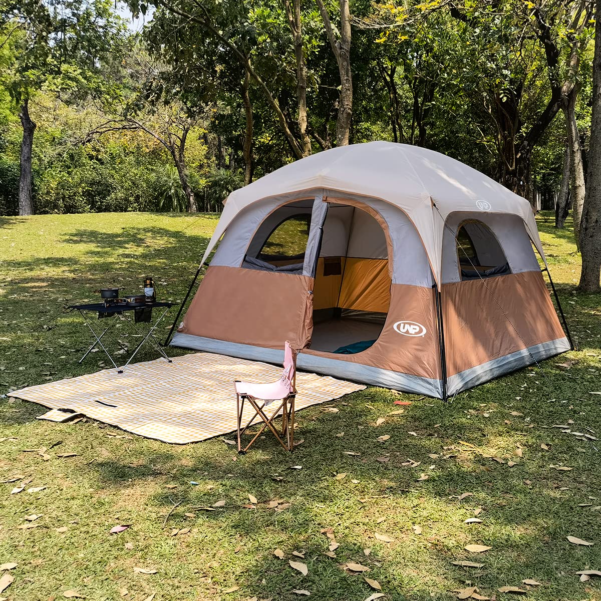 UNP 6 Person Tent for Camping, Easy Setup Cabin Tent Waterproof Windproof Family Camping Tent 1 Mesh Door & 5 Large Mesh Windows 10'X9'X78in(H)