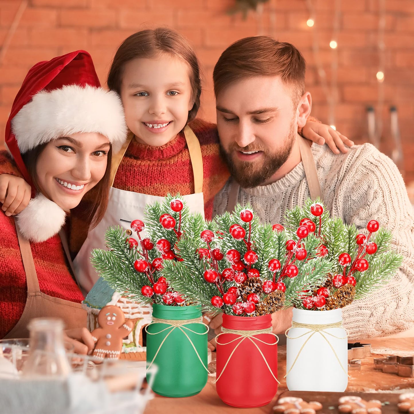 Jexine 12 Pcs Christmas Mason Jar Centerpieces Table Decor with Artificial Snow Pine Cone Red Berry Xmas Wooden Sign for Holiday Farmhouse Home Dining Table Kitchen Tiered Tray Decor
