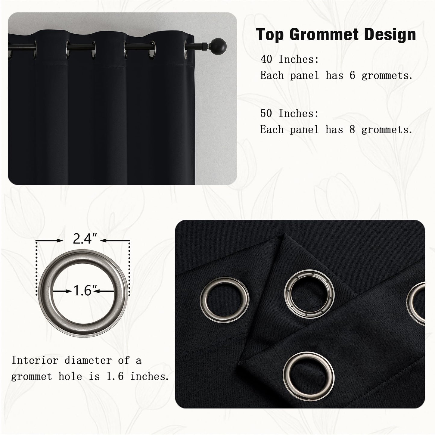 Simplebrand Halloween Black Blackout Curtains for Bedroom 63 Inch Length 2 Panels Set, Grommet Solid Thermal Insulated Black Out Curtains, Room Darkening Energy Saving Window Drapes, W40 x L63