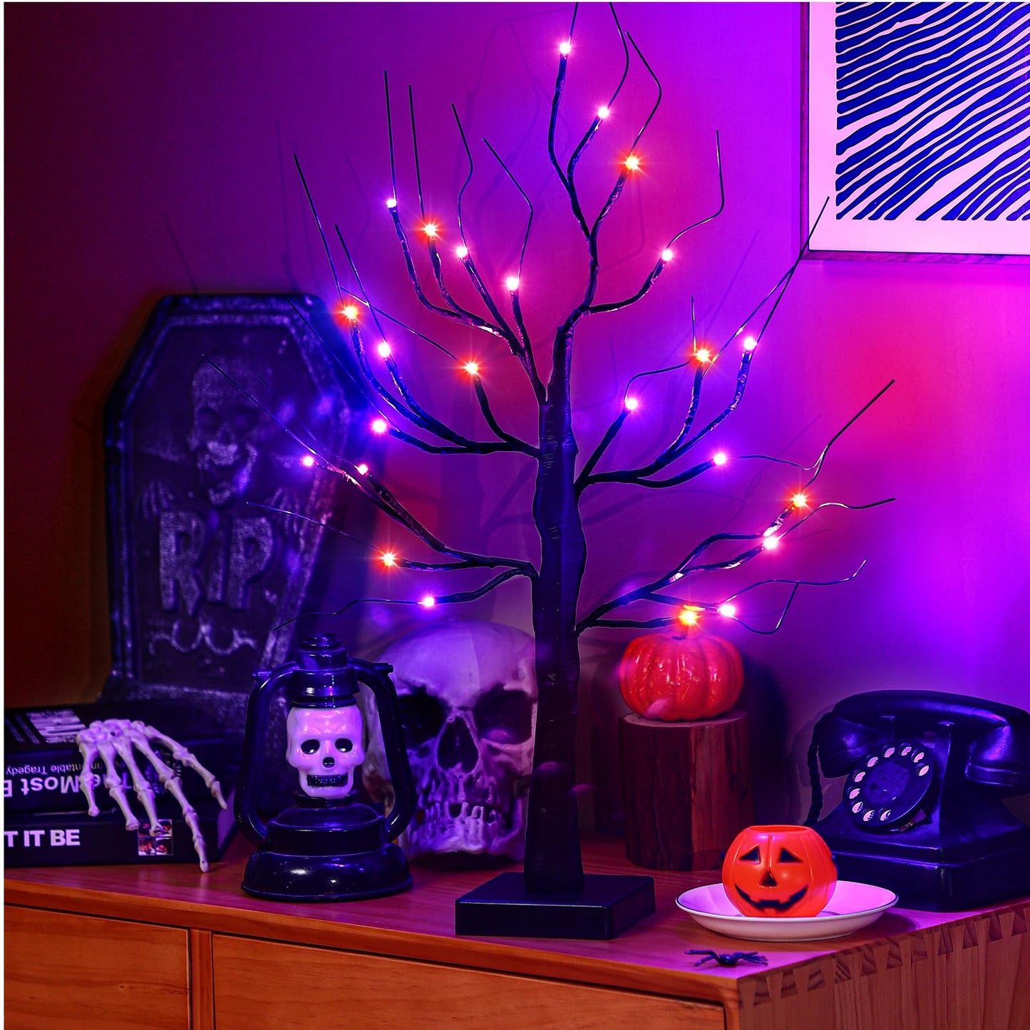 Ganeen 2 Pcs Halloween Decorations Indoor 24 Inch/2 ft Lighted Orange and Purple Birches Tree with Timer 48 LED Lights Willow Battery Operated Artificial Black Tabletop Spooky Tree for Home and Party