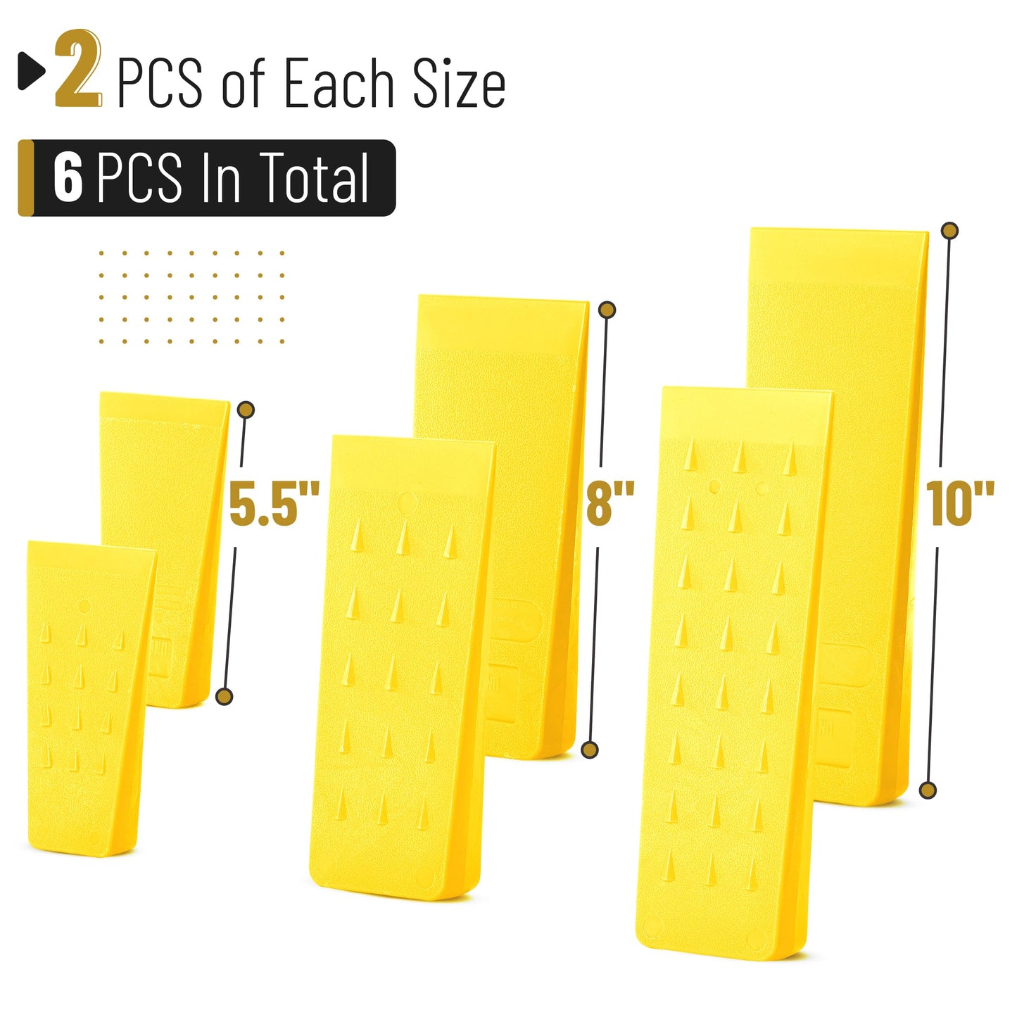 UNCO- Tree Felling Wedges with Spikes, 6 pcs, 5.5", 8" & 10", Yellow Wedges with Storage Bag, Splitting Wedge, Plastic Wedges for Tree Cutting, Logging Tools and Equipment, Chainsaw Wedges for Trees