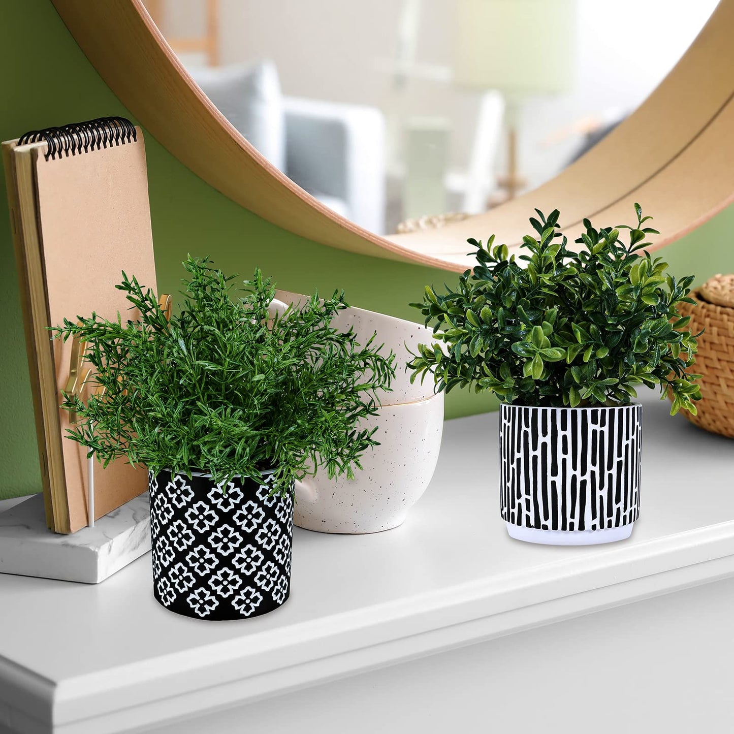 Winlyn 3-Pack Artificial Potted Plants - Faux Eucalyptus, Rosemary, Boxwood Greenery in Small Black & White Geometric Concrete Pots -Desk, Table, Shelf, Windowsill Decor for Indoor Outdoor Home Office