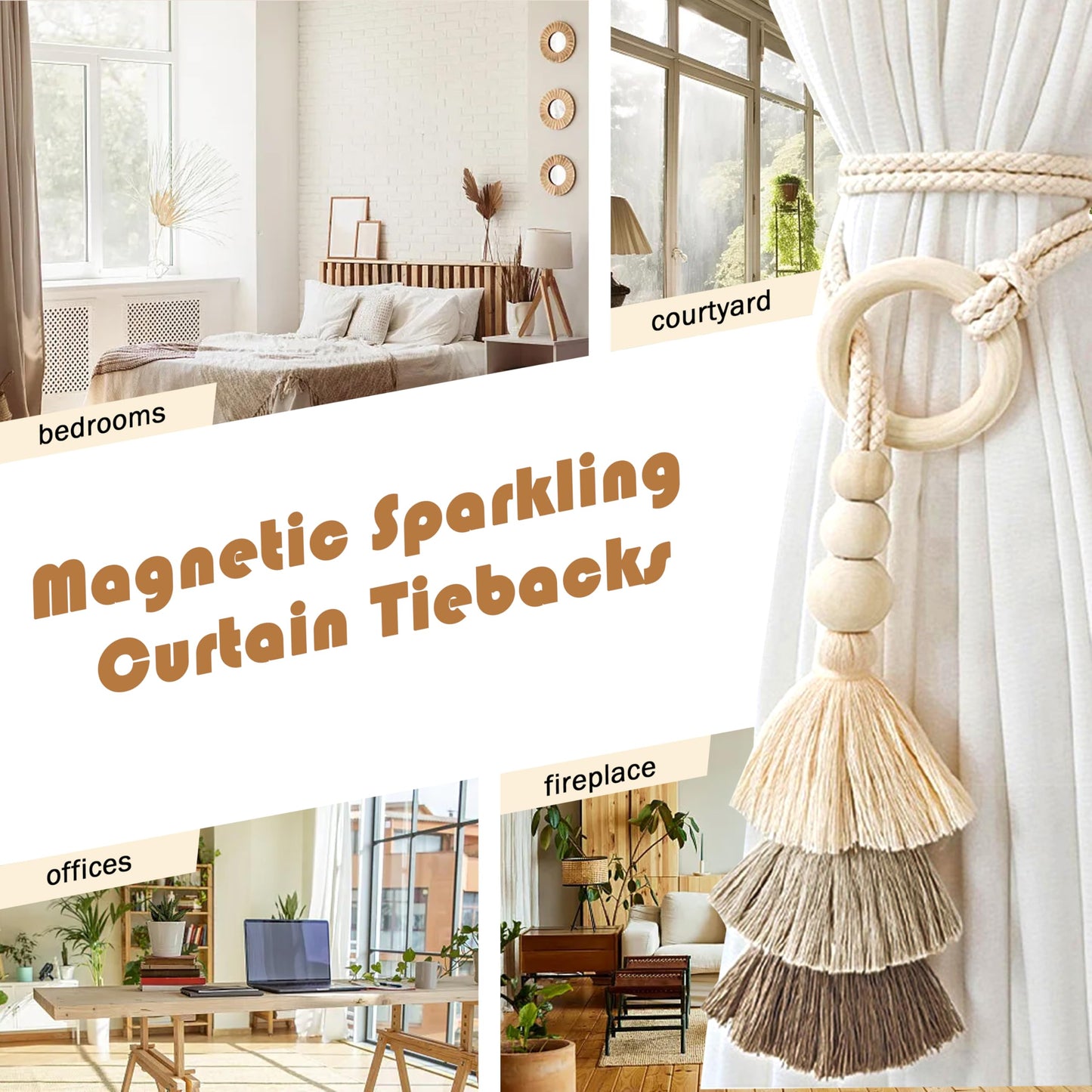 SRG Rope Curtain Tiebacks with Tassel Boho 2 PCS Handmade Wooden Ring Curtain Tie Backs Accessories Wall Decoration Drapery Curtain Holdbacks for Bedroom Window