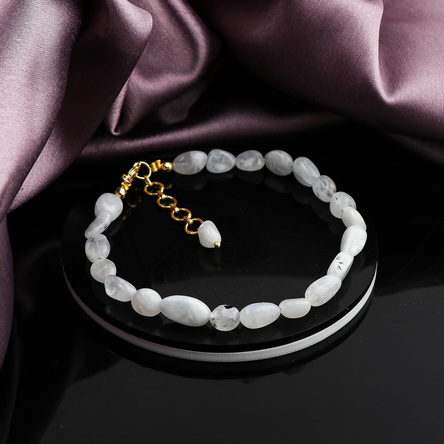 GEMSYMPHONY Rainbow Moonstone Gemstone Tumble Bracelet – Hypoallergenic Gold Plated Chain, 7+1 Inch Adjustable, Spring Ring Clasp, Handmade Crystal Bracelet for Women, Natural Stone Healing Jewelry