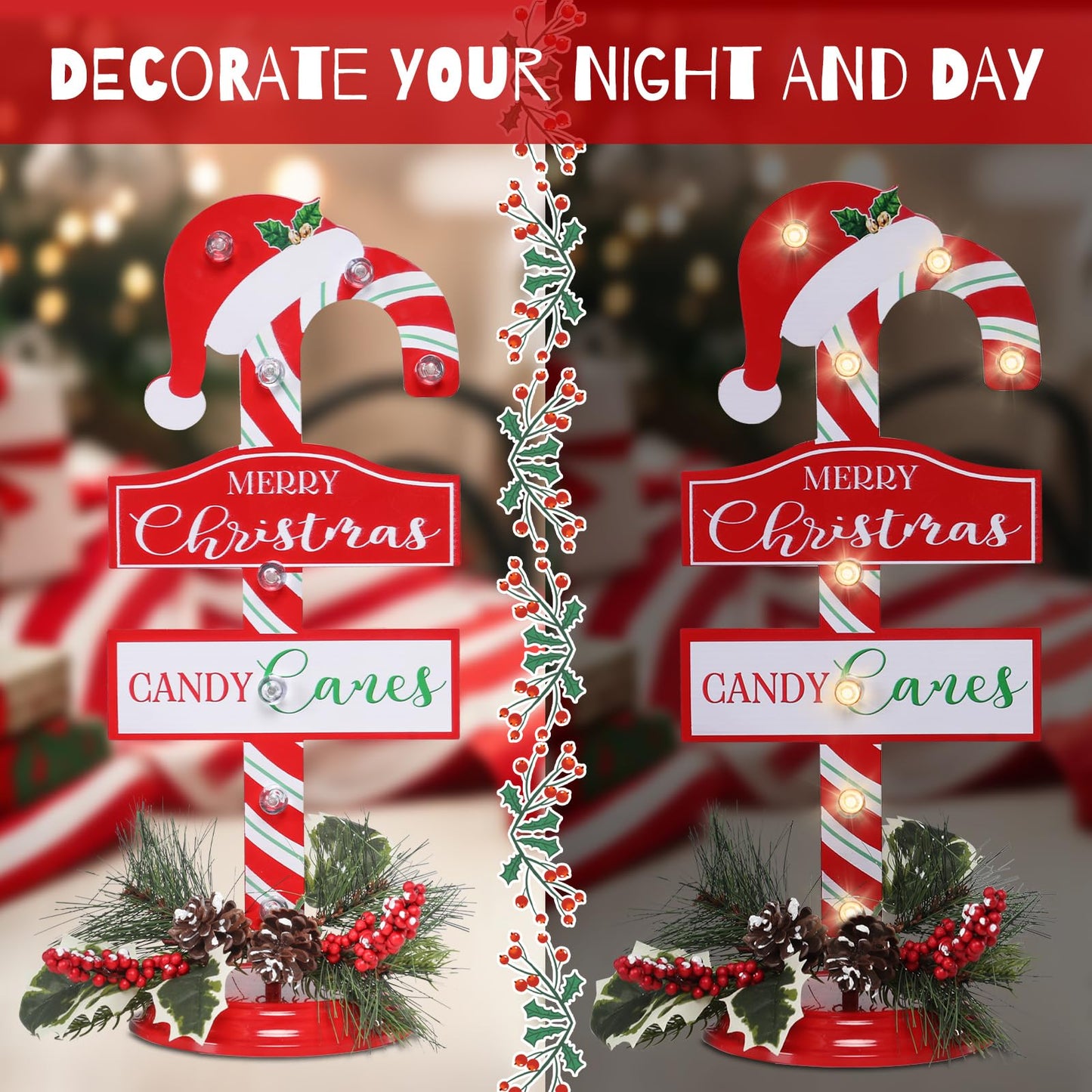 WONDER GARDEN Christmas Signs Indoor - 2 Pack Lighted Candy Cane Signs with Artificial Holly Berries, 16 Inch Metal Standing Merry Christmas Sign Decorations for Home or Party Table Decor Gift(Hat)