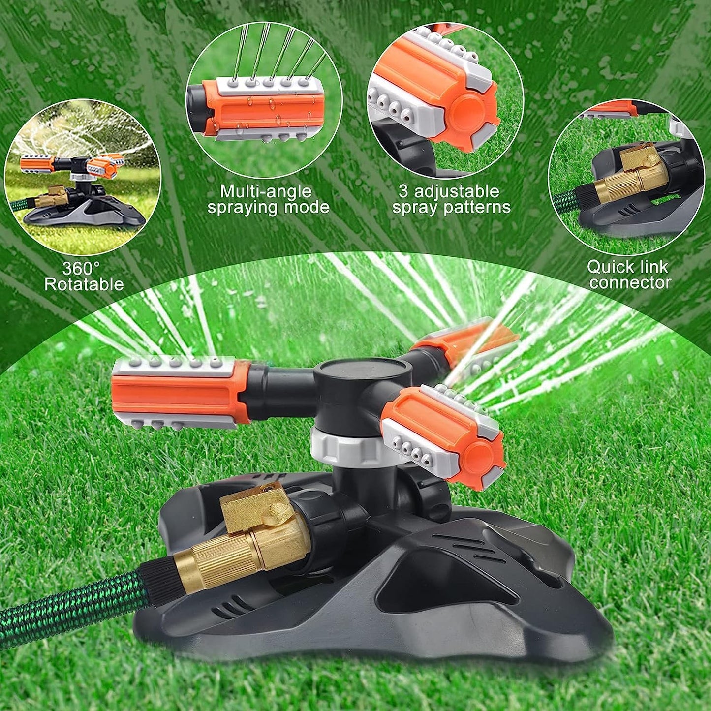WOVUU Garden Sprinkler,Upgrade Lawn Sprinklers Automatic 360 Degree Rotating Irrigation Grass Water Sprayer System,Garden Hose Sprinkler for Yard/Built in 36 Units Angle Spray Nozzles(Orange)-1Pack
