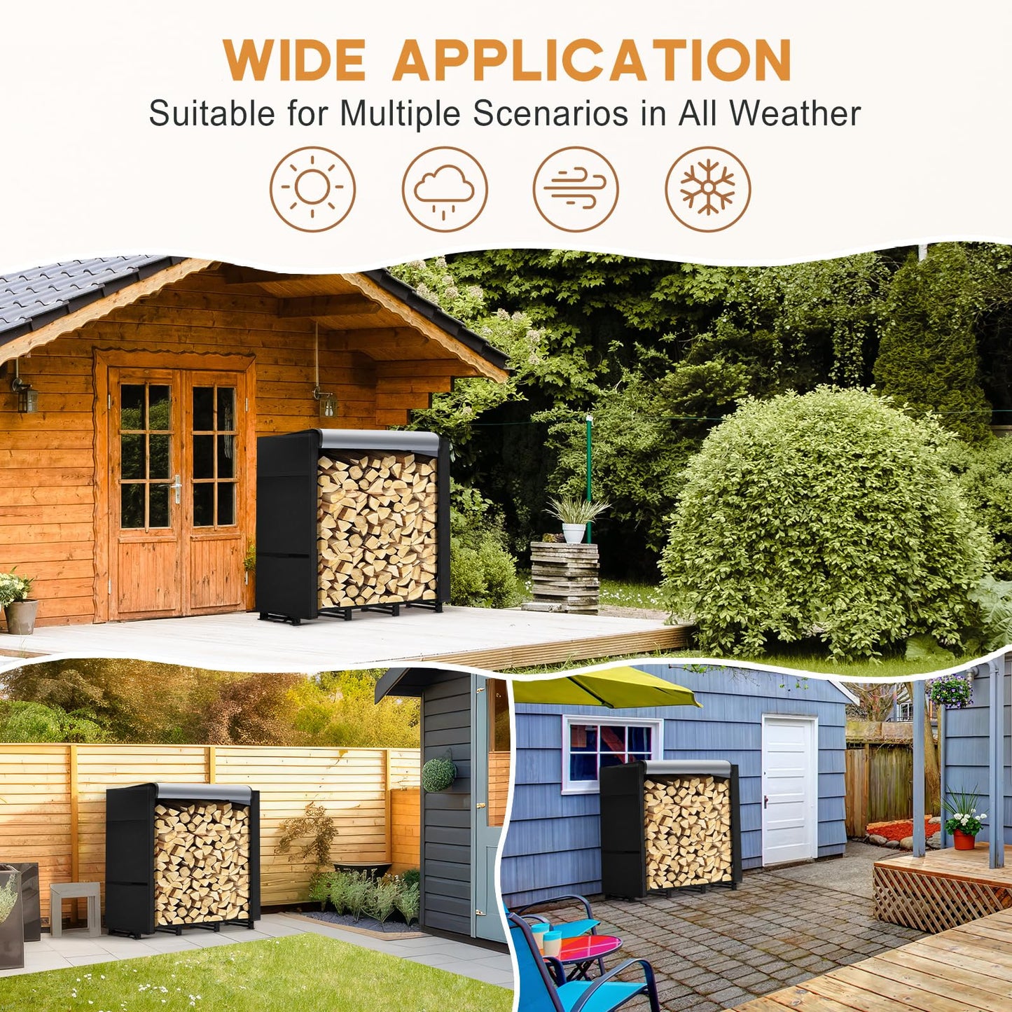 LOENIY 4ft Firewood Rack Outdoor with Waterproof Widened Cover, Heavy Duty Firewood Holder includes Carrier Bag, Powder-coated Wood Rack with Hooks, Firewood Storage Rack for Fireplace Deck Patio