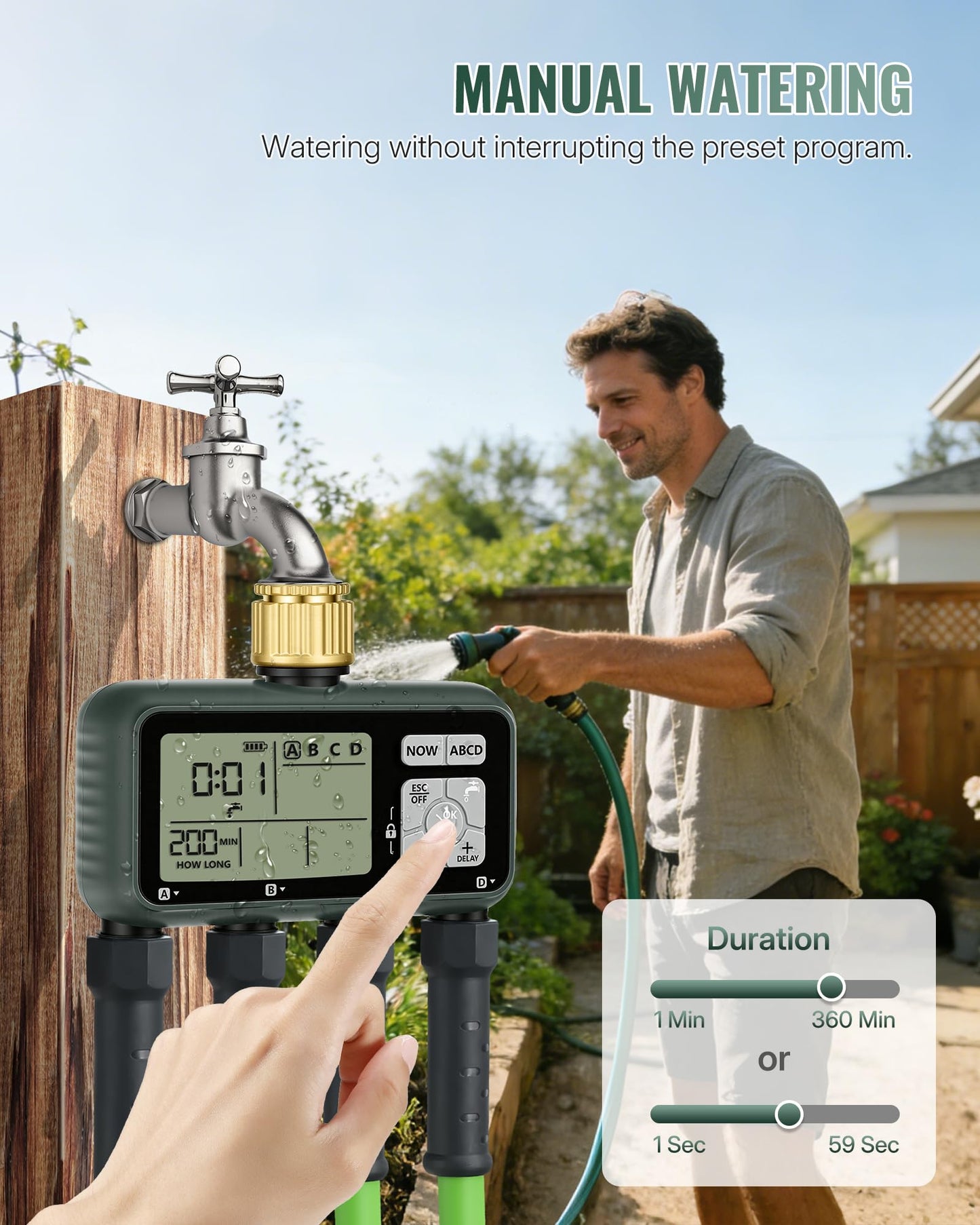 WILAWELS 4 Zone Brass Sprinkler Timer, Garden Hose Timer, Automatic Irrigation System, Programmable Faucet, 4 Outlets, with Rain Delay, Manual Mode,Child Lock, for Yard, Garden, Lawn, Green E14WT06