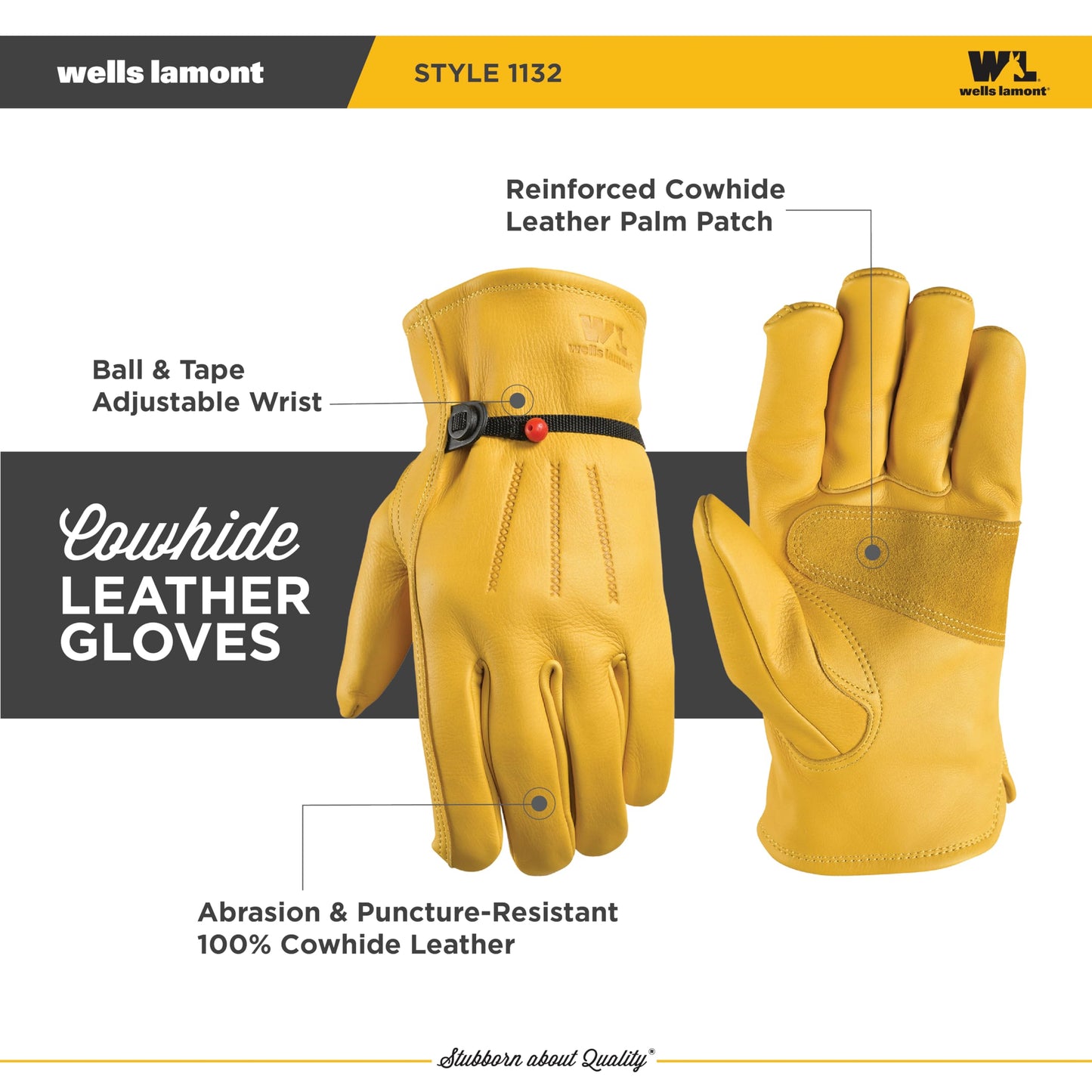 Wells Lamont Leather Work Gloves for Men – Heavy Duty, Cowhide, Abrasion & Puncture Resistant – Adjustable Wrist, Gunn Cut Design, Ideal for Ranching, Farming, Construction - Saddletan - M
