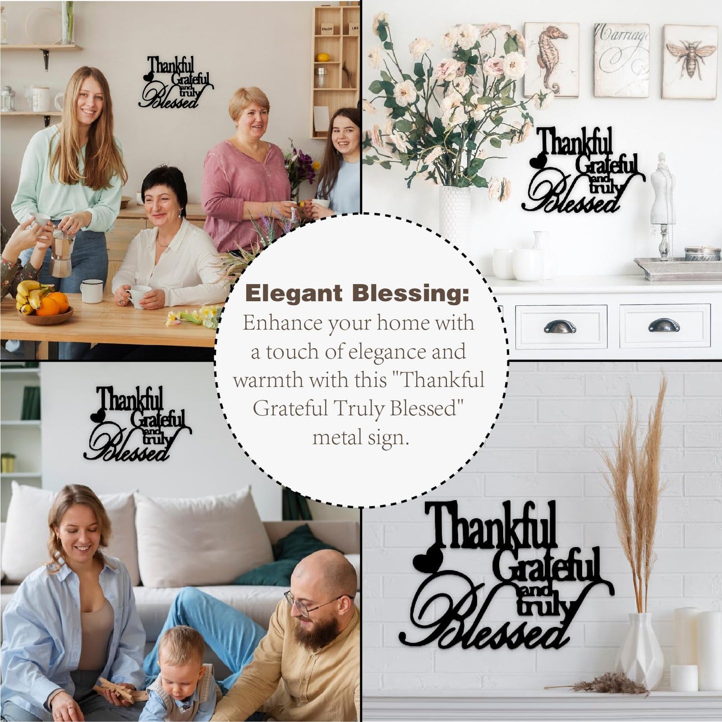 Thankful Grateful Blessed Wall Decor Black Metal Wall Art Thankful Grateful and Truly Blessed Sign Home Decor Entryway Living Room Decoration Signs - 12 Inches