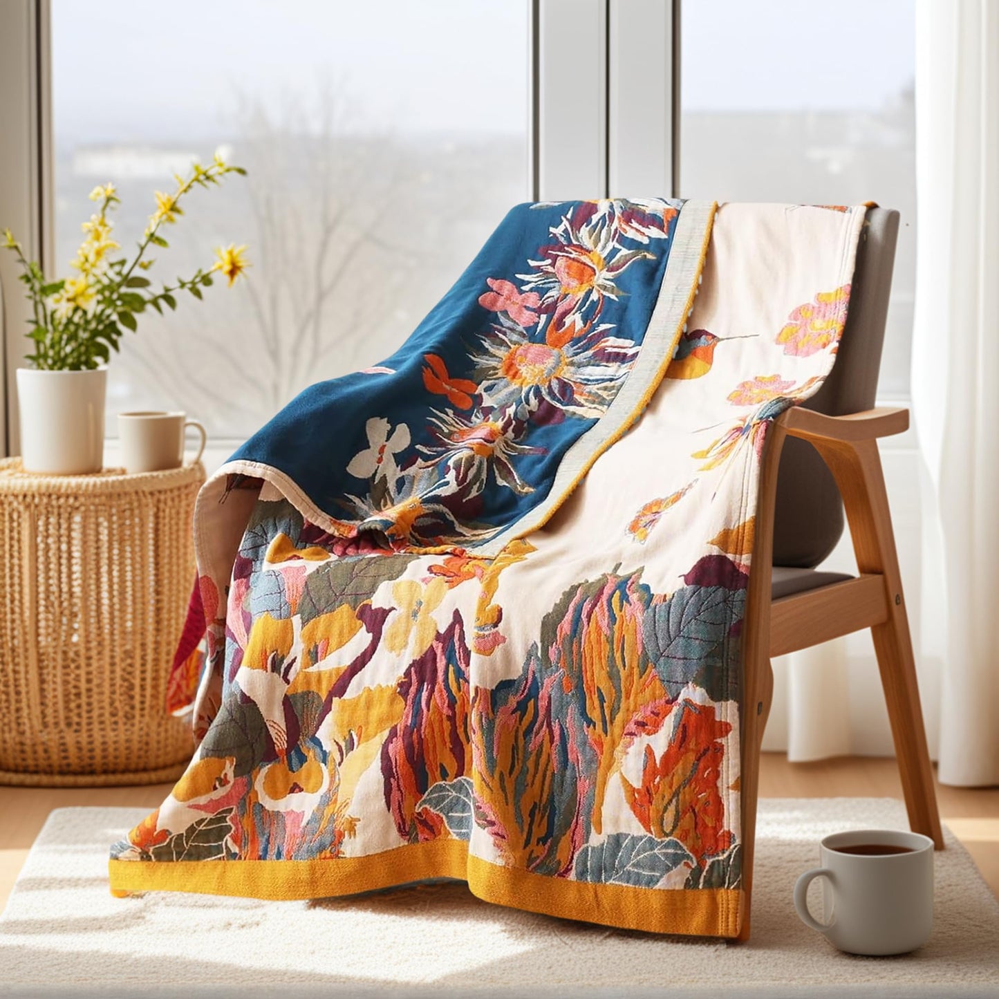 VANJOROY Boho Throw Blanket, 100% Organic Cotton Ultra Soft 50" x 60" Throw for Couch and Bed - Skin-Friendly Embroidery Cozy All Season Rustic Floral Decor Chair Blanket -Beige