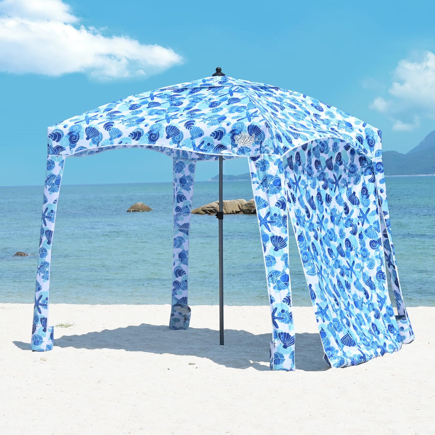 Qipi Beach Cabanas for Sand, Beach Canopy with Sandbags & Side Wall for Family, Easy Set Up Sun Shelter, UPF 50+ UV Protection with Roof Vent 6' x 6' A-Sea Life