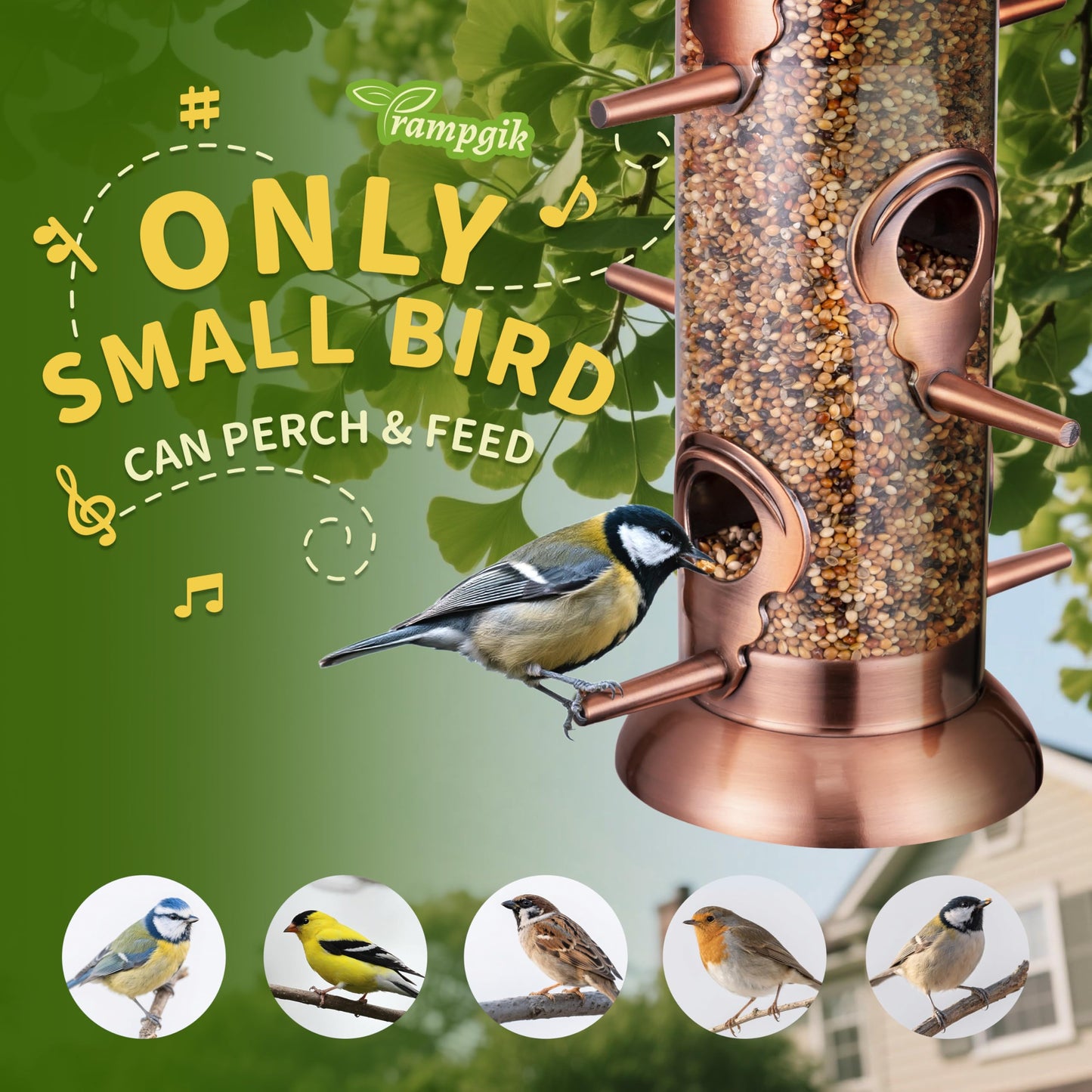 TrampgiK Bird Feeders for Outdoors,13 Inch 6 Ports Squirrel Proof Bird Feefers,Finch Feeder for Outside,Chew-Proof Metal Hanging Bird Feeder,Rust-Proof,Easy to Refill & Clean,Copper,Pack of 1