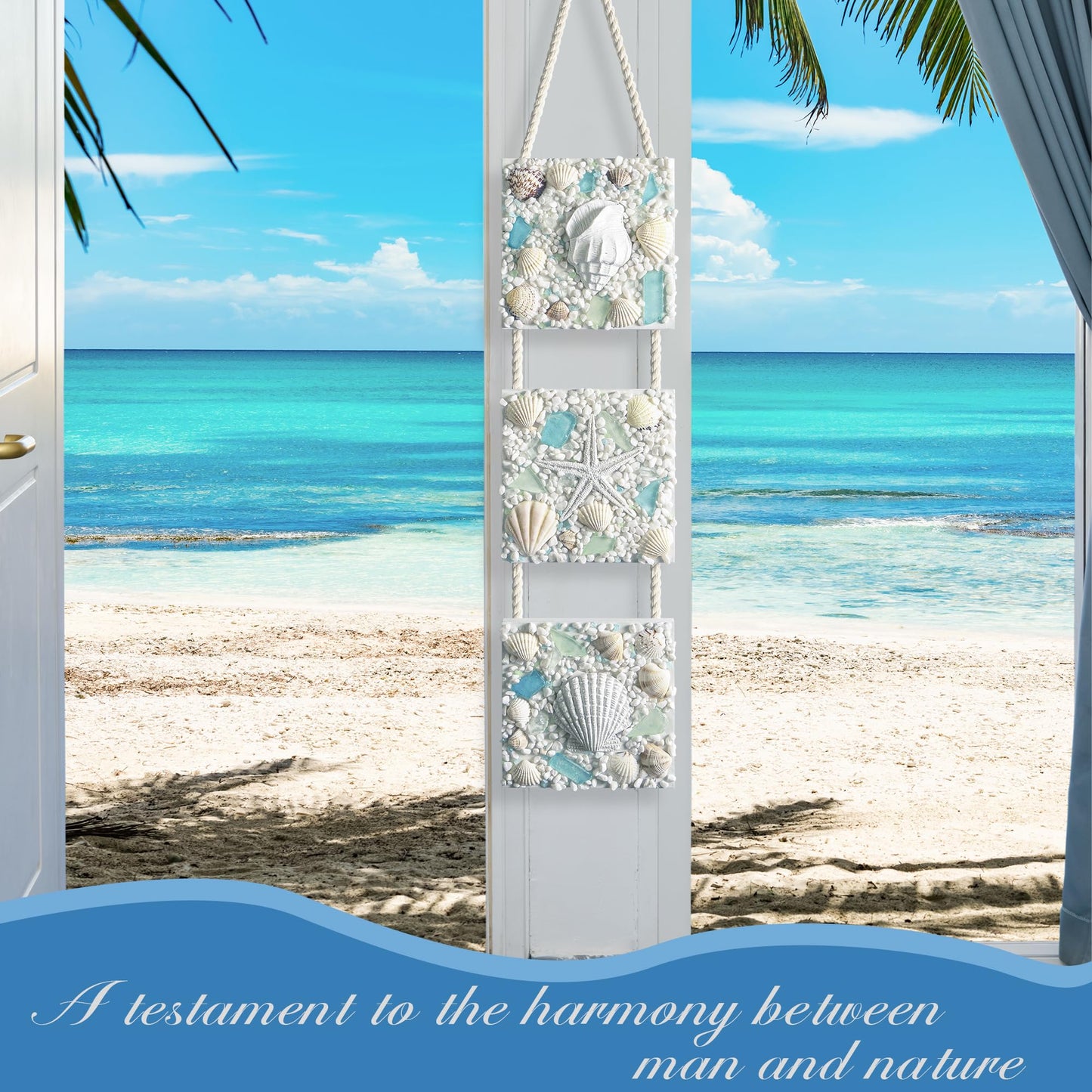 flangairy Coastal Wall Decor 3D Seashell Starfish Conch Wall Hanging, 20.5 * 4.3 Inches Beach Nautical Ocean Theme Bathroom Home Summer Decorations Sea Shell Art