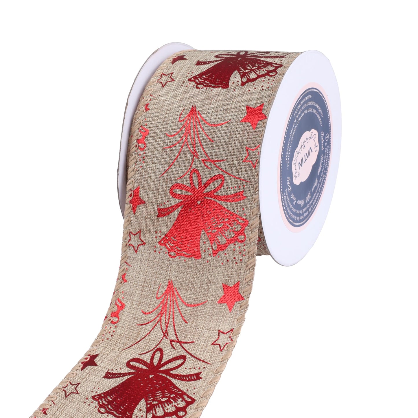 VATIN Star and Jingle Bells Christmas Wired Ribbon, 2-1/2 Inch x Continuous 10 Yards Spool Tree Ribbon for Topper Bow, Christmas Wreath, Tree Decoration, Gift Wrapping