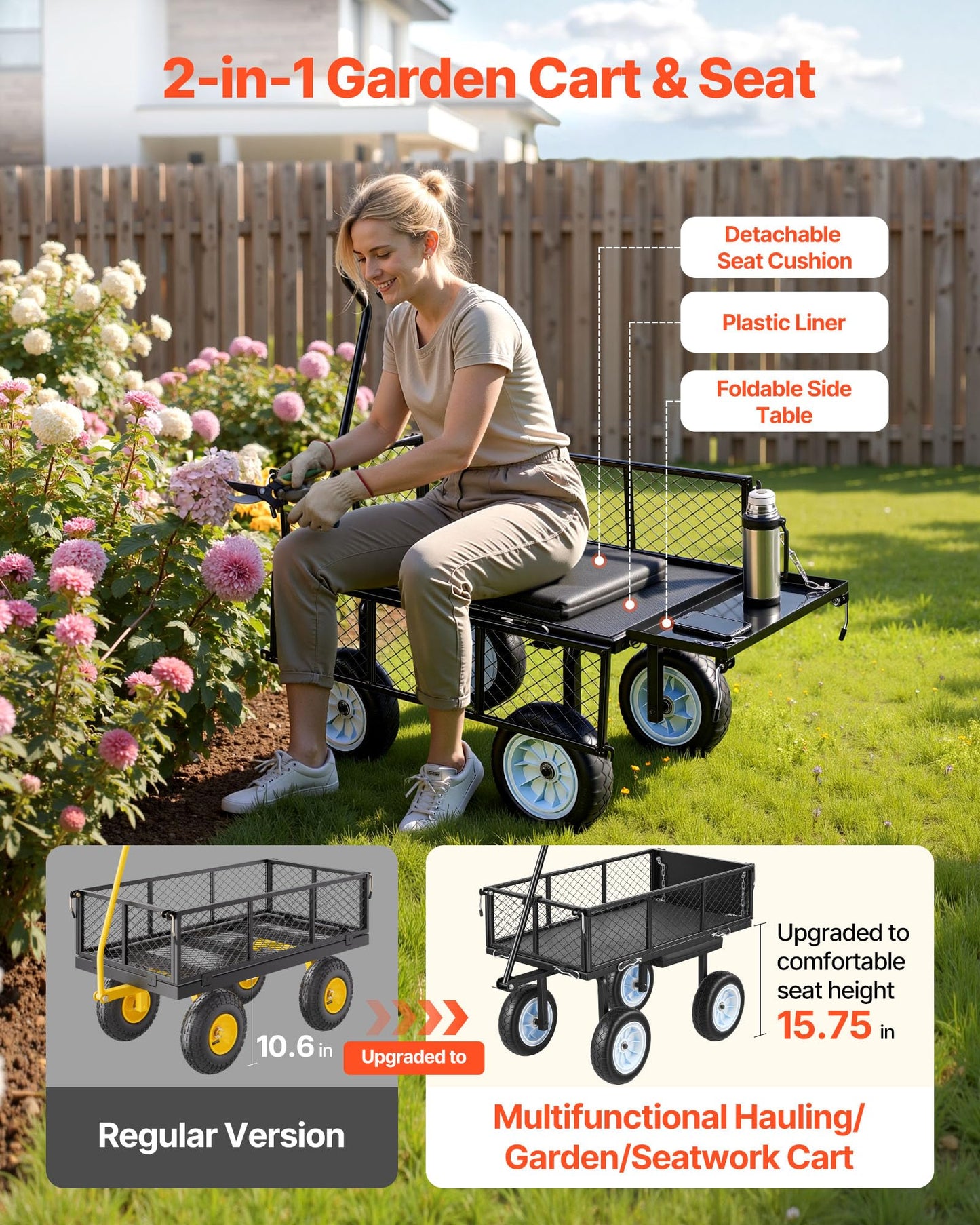 VEVOR 500 LBS Steel Garden Cart with Work Seat, Heavy Duty Garden Wagon Cart on Wheels, Outdoor Metal Utility Yard Wagon Gardening Stool with 10inch Flat Free Tires, Tool Tray & Adjustable Handle